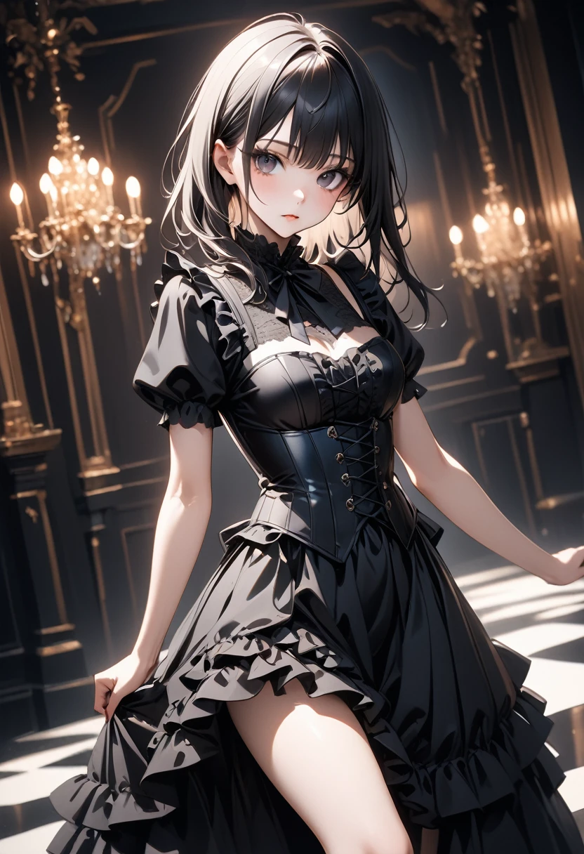 Highest quality, 32K, ai-generated, Incredibly absurd, Very detailed, Delicate texture, Beautiful woman, A cold, condescending gaze, (Wearing an elegant black gothic dress, Corset and long frilly skirt), Shiny Hair, Perfect body line, great proportion, Glowing black eyes, Beautiful posture, Background Gorgeous Room, Professional Lighting, ((dutch angle)), ((erotic pose)), Dynamic poses, (Close-up),