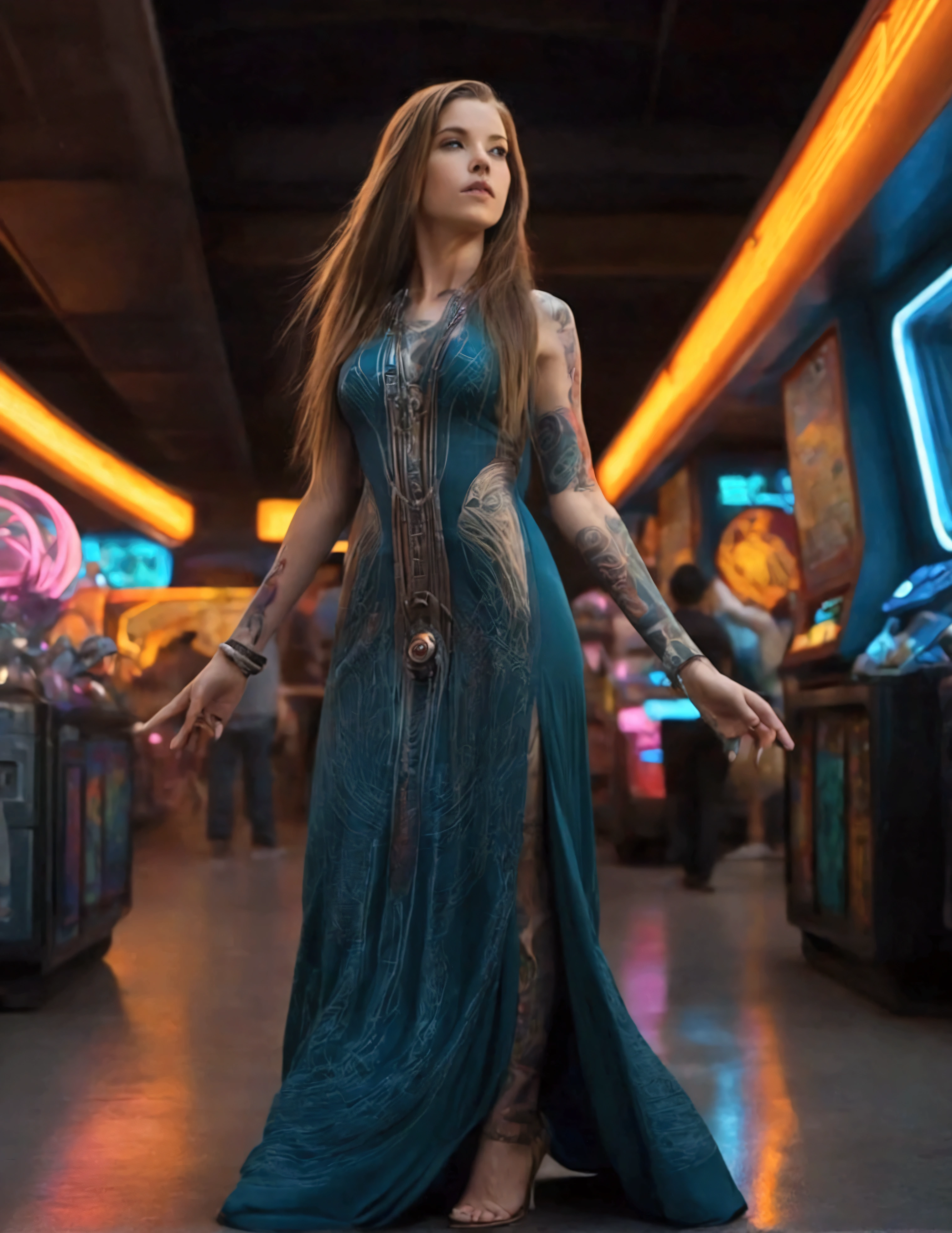 a lovely woman in an airy dress, marketplace on tattooine, aliens, star wars, cyberpunk, neon lights, crowd, futuristic, vibrant colors, detailed, photorealistic, 8k, high quality, cinematic, dynamic pose, beautiful girl, long flowing hair, intricate dress design, alien vendors, bustling marketplace, scifi atmosphere, dramatic lighting, advanced technologies, retro-futuristic, gritty urban, synergistic blend
