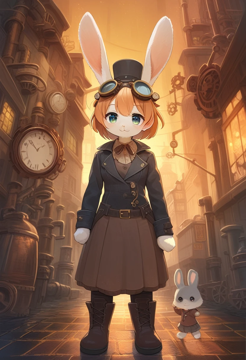 ((Masterpiece)), ((Best Quality)), (Very Detailed), ((Very Detailed)), 4K, (8K), very aesthetic, absurdres highres, 1 girl, (anthropomorphic Rabbit, furry, kemono:1.5), A lively woman, painted in Van Gogh-like strokes, wears a steampunk costume with intricate details such as gears, pipes, and goggles, standing against the backdrop of a steampunk city lined with intricate mechanical devices. . She wears a top hat with goggles, a leather jacket, boots, and metallic accessories. Warm colors and backlight create a creative atmosphere.