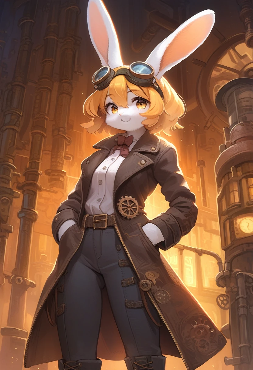 ((Masterpiece)), ((Best Quality)), (Very Detailed), ((Very Detailed)), 4K, (8K), very aesthetic, absurdres highres, 1 girl, (anthropomorphic Rabbit, furry, kemono:1.5), A lively woman, painted in Van Gogh-like strokes, wears a steampunk costume with intricate details such as gears, pipes, and goggles, standing against the backdrop of a steampunk city lined with intricate mechanical devices. . She wears a top hat with goggles, a leather jacket, boots, and metallic accessories. Warm colors and backlight create a creative atmosphere.