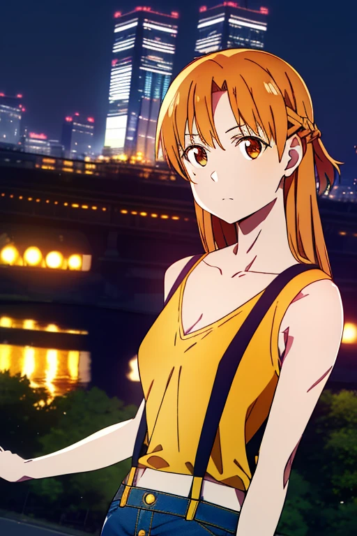 asuna yuuki (brown eyes:1.7), ((auburn brown long hair ), (ample chest:1.2),stretching, arms raised up, waking up to a beautiful Tokyo nightscape, BREAK collarbone, very ((yellow cropped shirt, red suspenders and denim pants)), bare arms, bare shoulders, (midriff exposed), bare legs, twenty-year old woman BREAK looking at viewer, BREAK outdoors, standing on a building watching the city at night, BREAK (masterpiece:1.2), best quality, high resolution, unity 8k wallpaper, (illustration:0.8), (beautiful detailed eyes:1.6), extremely detailed face, perfect lighting, extremely detailed CG, (perfect hands, perfect anatomy), full body shot