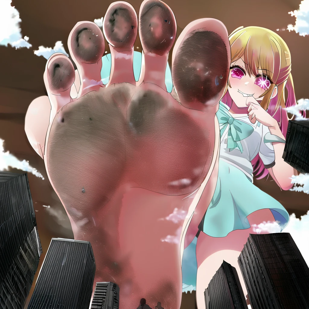 1 girl, oshi no ko, ruby hoshino, stepping,(pov from above:1.3), stepped on, pov, low angle, no shoes, feet, looking down, toes, one foot out of frame, leg lift, foot focus, barefoot, standing on one leg, depth of field, outdoors,( foreshortening:1.2), facial blur, blurry face, building, city, sky, cloud, giantess, mega size, masterpiece, best quality, absurdres, ultra detailed, detailed smirk, glaring, blonde, 6 pointed star pupil on right eye, five toes, detailed star pupil, full body shown, stinky feet, extremely dirty feet, detailed dirty feet, detailed full body, a fuck you finger to the viewer