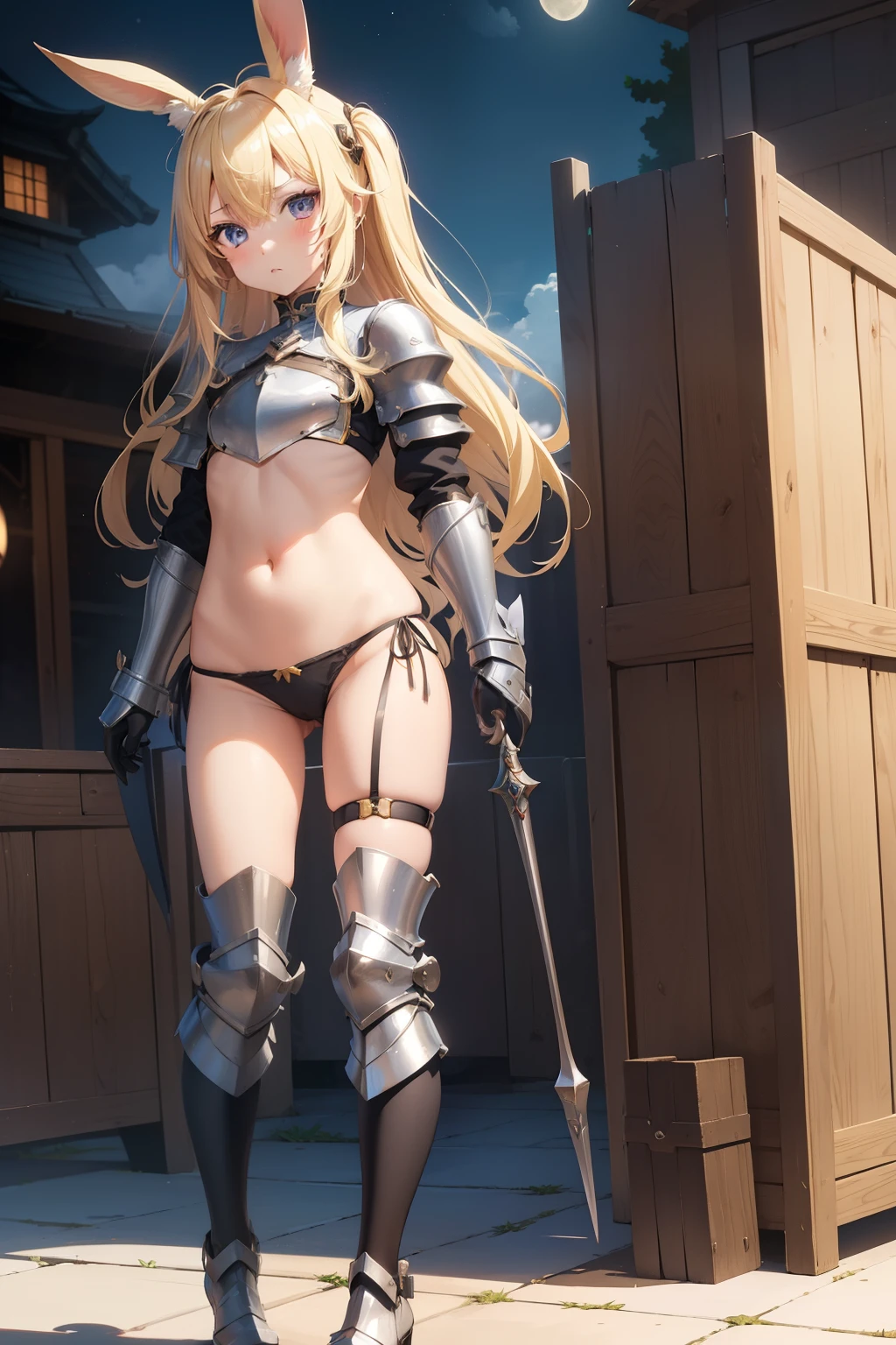   ,1girl , anime , masterpiece  , blonde hair , bunny ears , knight armour ,flat  chest  , elin race ,  pantie ,( body) ,standing ,metal boots ,  disgusted  face ,sexy  , Background moon . 