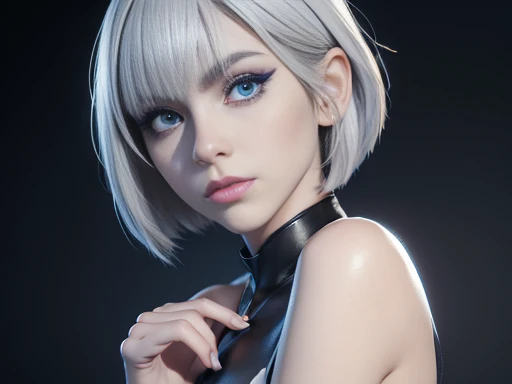 3D Digital Art Masterpiece, cute girl with asymmetrical face, blue eyes white skin eyeliner, slim full body 2d hair short bob style with bangs, dark makeup,  perfect detailing on hands and body, full HD image portrayed full body 