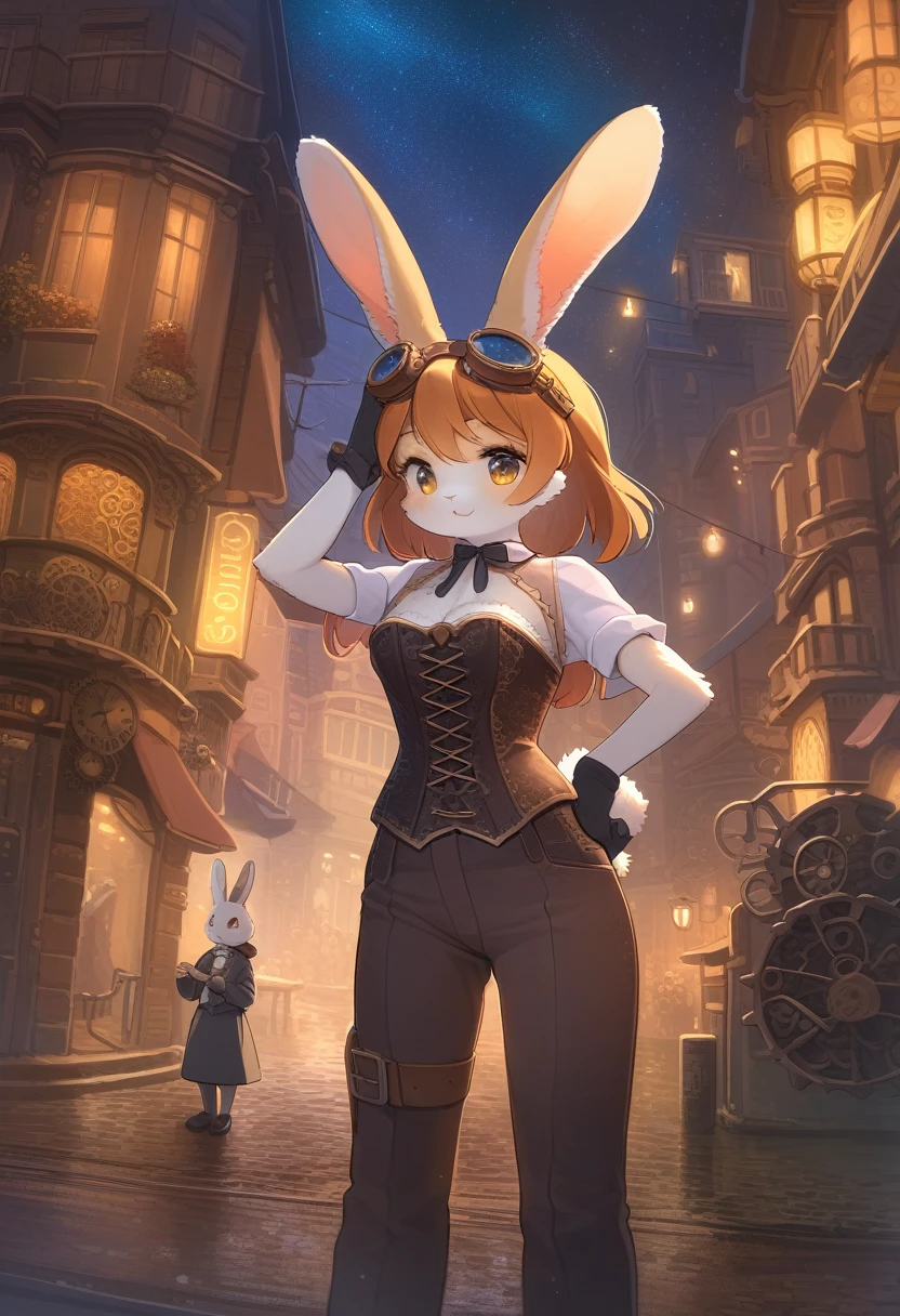 ((Masterpiece)), ((Best Quality)), (Very Detailed), ((Very Detailed)), 4K, (8K), very aesthetic, absurdres highres, 1 girl, (anthropomorphic Rabbit, furry, kemono:1.5), In a steampunk city, a lively woman stands under a Van Gogh-esque starry sky wearing a meticulously designed steampunk costume. Her corset is fitted with gears and pipes, she wears lace gloves, and a top hat with goggles. There is a complex mechanical device in the background, illuminating the scene with a perfect balance of warm colors and metallic sheen.
