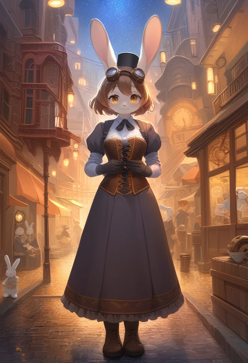 ((Masterpiece)), ((Best Quality)), (Very Detailed), ((Very Detailed)), 4K, (8K), very aesthetic, absurdres highres, 1 girl, (anthropomorphic Rabbit, furry, kemono:1.5), In a steampunk city, a lively woman stands under a Van Gogh-esque starry sky wearing a meticulously designed steampunk costume. Her corset is fitted with gears and pipes, she wears lace gloves, and a top hat with goggles. There is a complex mechanical device in the background, illuminating the scene with a perfect balance of warm colors and metallic sheen.