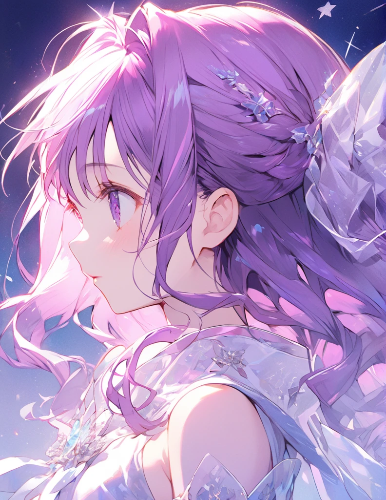 Profile of a beautiful girl with long purple hair and a princess dress. Side boob exposure.　Screentone processing　Looking up at the moon　Shaded painting style　Shining Star　vivid description
