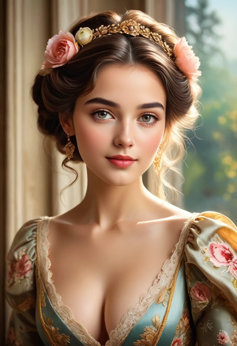 Portrait of a Beautiful 16-year-old German Girl in 19th Century Munich (((cleavage, big sexy tits breast)))
medium: oil painting
beautiful detailed eyes, beautiful detailed lips, extremely detailed eyes and face, long eyelashes
chestnut brown hair in elaborate curls, styled with a delicate floral hair accessory
elegant and ornate dress in vibrant colors, adorned with delicate lace and embroidery
perfectly manicured hands holding a bouquet of fresh flowers
soft and glowing skin, with a healthy rosy complexion
subtle expression of youthful innocence and curiosity in her eyes
graceful posture and gentle smile, radiating timeless charm
faint sunlight gently filtering through a window, casting a warm glow on her face
impeccable attention to lighting and shading, emphasizing the girl's natural beauty
rich and vibrant color palette, capturing the elegance and opulence of 19th century Munich
subtle brushstrokes and fine details, showcasing the artist's skill and mastery of the medium
(masterpiece:1.2), ultra-detailed, (photorealistic:1.37), HDR, UHD, professional
classic portrait style, reminiscent of the great masters of the era
overall warm and inviting atmosphere, transporting the viewer to a bygone era