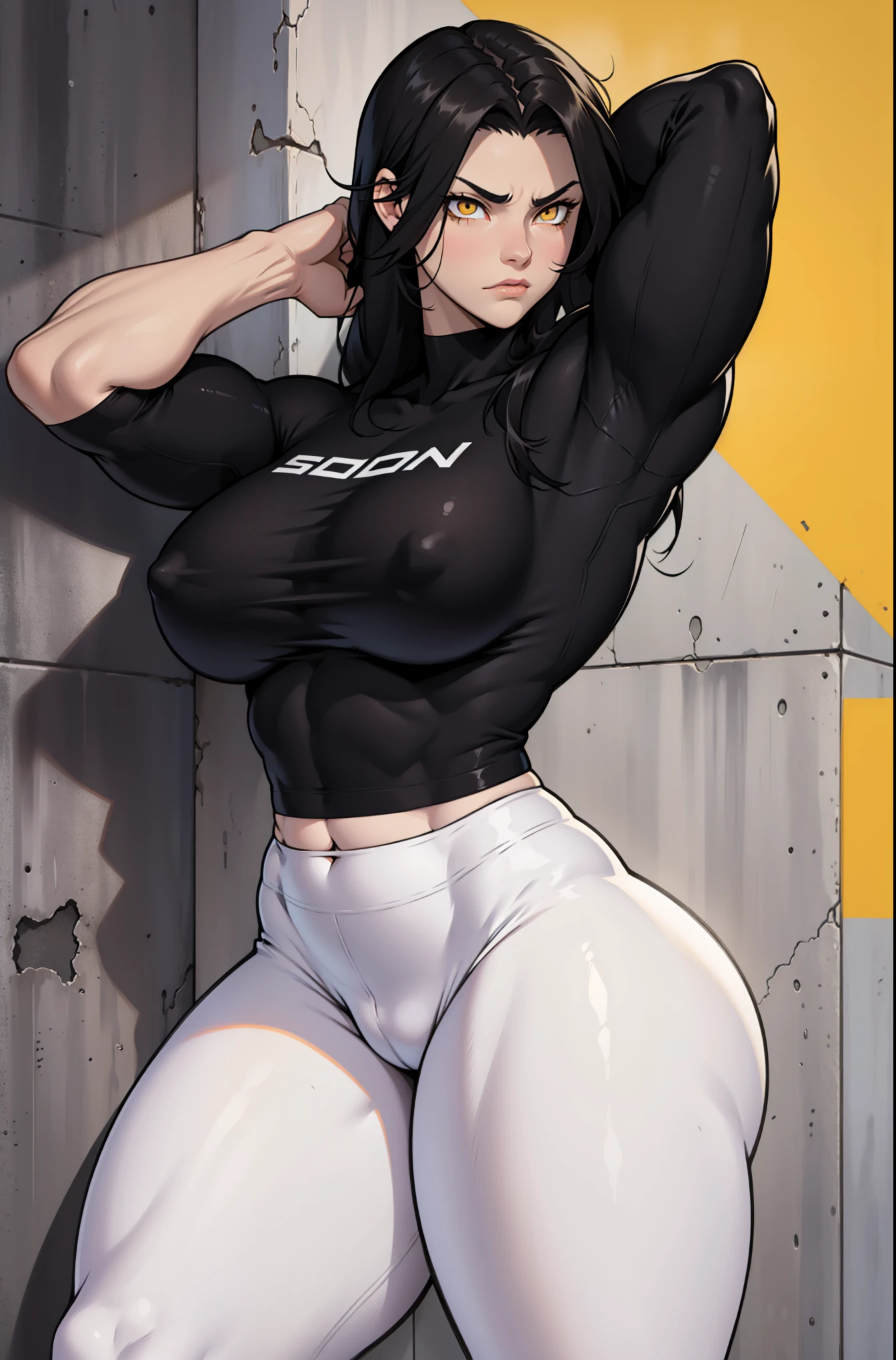 1girl muscular pale skin black hair yellow eyes black against wall frown tight shirt leggings thick thick thick thick muscular muscular muscular