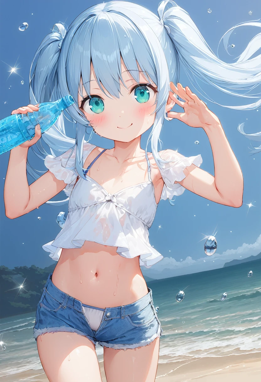  masterpiece, best quality, extremely detailed, (illustration, official art:1.1), 1 girl ,(((( light blue long hair)))), ,(((( light blue long hair)))),light blue hair, ,10 years old,, long hair ((blush)) , cute face, big eyes, masterpiece, best quality,(((((a very delicate and beautiful girl))))),Amazing,beautiful detailed eyes,blunt bangs((((little delicate girl)))),tareme(true beautiful:1.2), sense of depth,dynamic angle,,,, affectionate smile, (true beautiful:1.2),,(tiny 1girl model:1.2),)(flat chest),absurdres, absolutely resolution, incredibly absurdres, highres, ultra detailed, official art, unity 8k wallpaper, Kinetic Typography BREAK (1girl, solo:1.4), beautiful and shiny skin, coquettish skin, dynamic poses, dynamic angle, close-up, cowboy shot, smile, blush BREAK hand up, looking at viewer BREAK (ramune:1.4), object to cheek, holding, holding bottle, bottle BREAK twintails, hair between eyes, sidelocks,aqua eyes, breasts, small breasts, cleavage, collarbone, linea alba, midriff, navel BREAK (shirt, white shirt :1.2), bikini, denim shorts, shot shors, micro shorts BREAK beach, sea, light particles, water drop, wet BREAK nice hands, perfect hands,