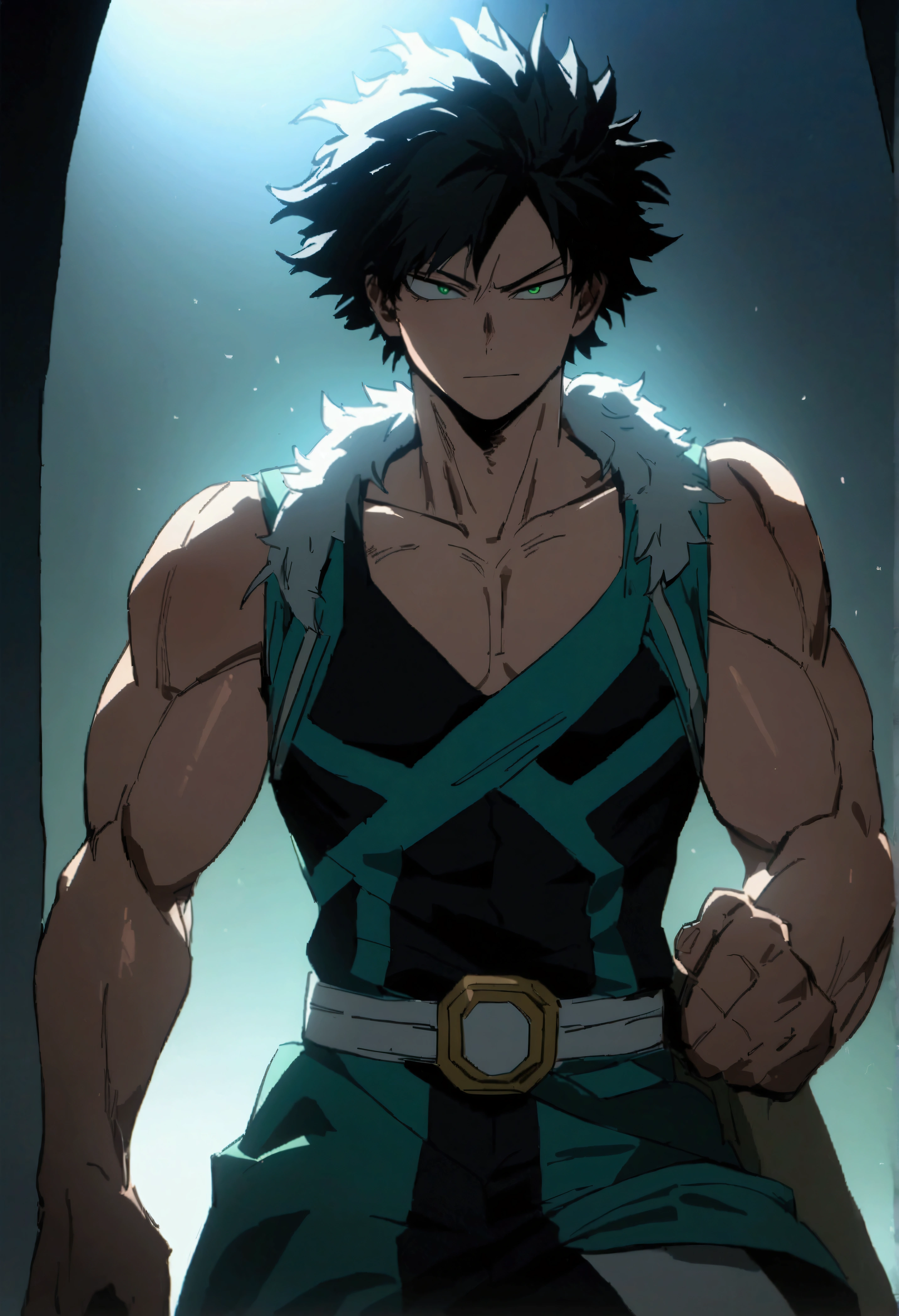  He is a 17 year old teenager, He has slightly disheveled very black hair..., somewhat light green eyes, , muscular body , sexy face, He is dressed in the anime male uniform "my hero academia", evil face, 8k, high quality, masterpiece, lighting, cinematic, vivid colors, shining green eyes 