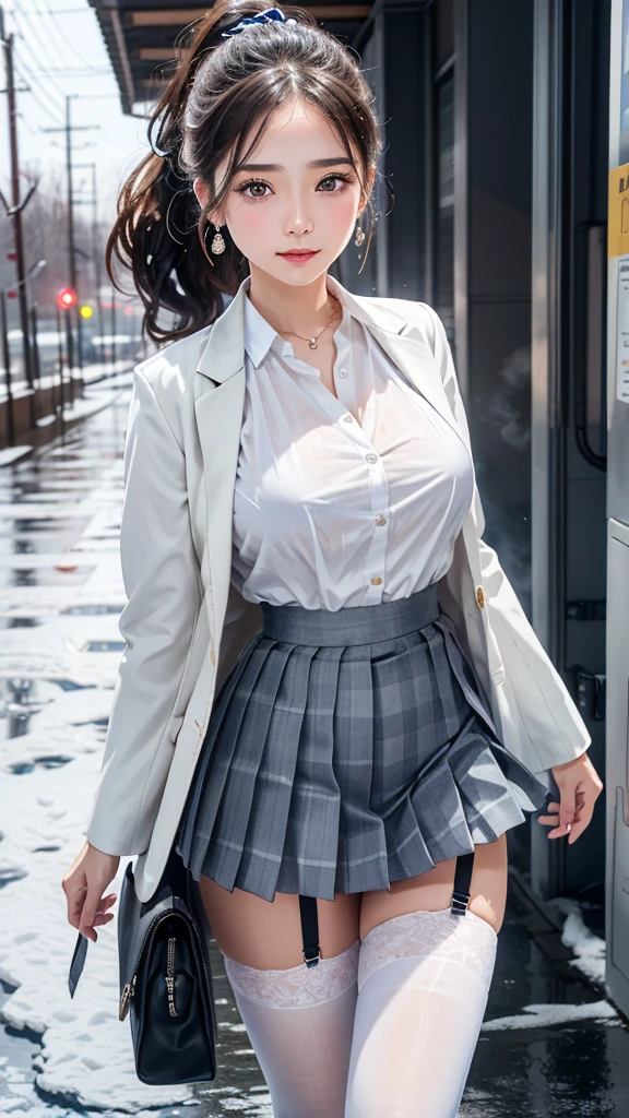 ((smile))、Confused、RAW Photos、(((The ultimate portrait masterpiece)))、((The cutest girl in the world))、1 Girl、、Japanese、Cute Face、((Silky Hair))、(A high ponytail tied with a ribbon:1.4)、((Super huge breasts:1.1))、((Eyes that shine like jewels))、Glowing Skin、(young woman;It consists of a transparent white shirt, Thin ribbon, blazer, Breathable check pattern pleated skirt.:1.5)、Winter clothes、(Uniforms made from high quality materials, Breathable fabric:1.4)、Ultra-detailed uniforms、(She shyly pulls up her skirt:1)、(Breathable lace panties visible.:1.3)、((Crotch from the front))、Skirt fluttering in the wind、eyeliner、Beautiful Bangs、Hair between the eyes、((solve、High resolution))、Detailed Background、8 Quad HD、Digital SLR、Soft Light、high solve、Film Grain、Fujifilm XT3、Shallow depth of field、自然なSoft Light、Tight waist,(hour々Under the skirt:30%),(Pumping the nipples:30% Or vaginal line pump:20%),(Get wet from heavy snow:50% Or get wet in heavy rain:50%),makeup, corset, necktie, ballgag, skirt, leather harness, silk stockings, diamond earrings, 比基尼, Good, handbag, lingerie, garter belt, fur-trimmed jacket, fashionable, one-piece swimsuit, dress statue, lace, hair ornament, jewelry, black pantyhose, short jeans, lace trim, high heels, biker suit, black stockings, earrings, necklace, office lady, blouse, underwear, revealing clothes, panties, sundress, fox ears, thighhighs, pantyhose,facing viewer, outdoors, cowboy shot, bokeh, 1girl, portrait, crowded street, 独奏, night, classroom, looking at viewer, depth of field, sexy pose, Fujifilm XT3, absurdres, award winning photo, cityscape masterpiece, HDR, 8k resolution, photorealistic, RAW photo, highres, professional lighting, 8k wallpaper, photon mapping, soft lighting, cinematic lumination, sharp focus, ,,(((You can see the beautiful shaved pussy without any restrictions:1.3))),