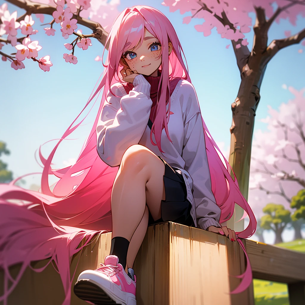 The girl has long pink hair. Your eyes are brown. Your face has freckles. She wears a sweater, a fitted skirt and white sneakers. Your nails are colorful. She is sitting under a cherry tree.