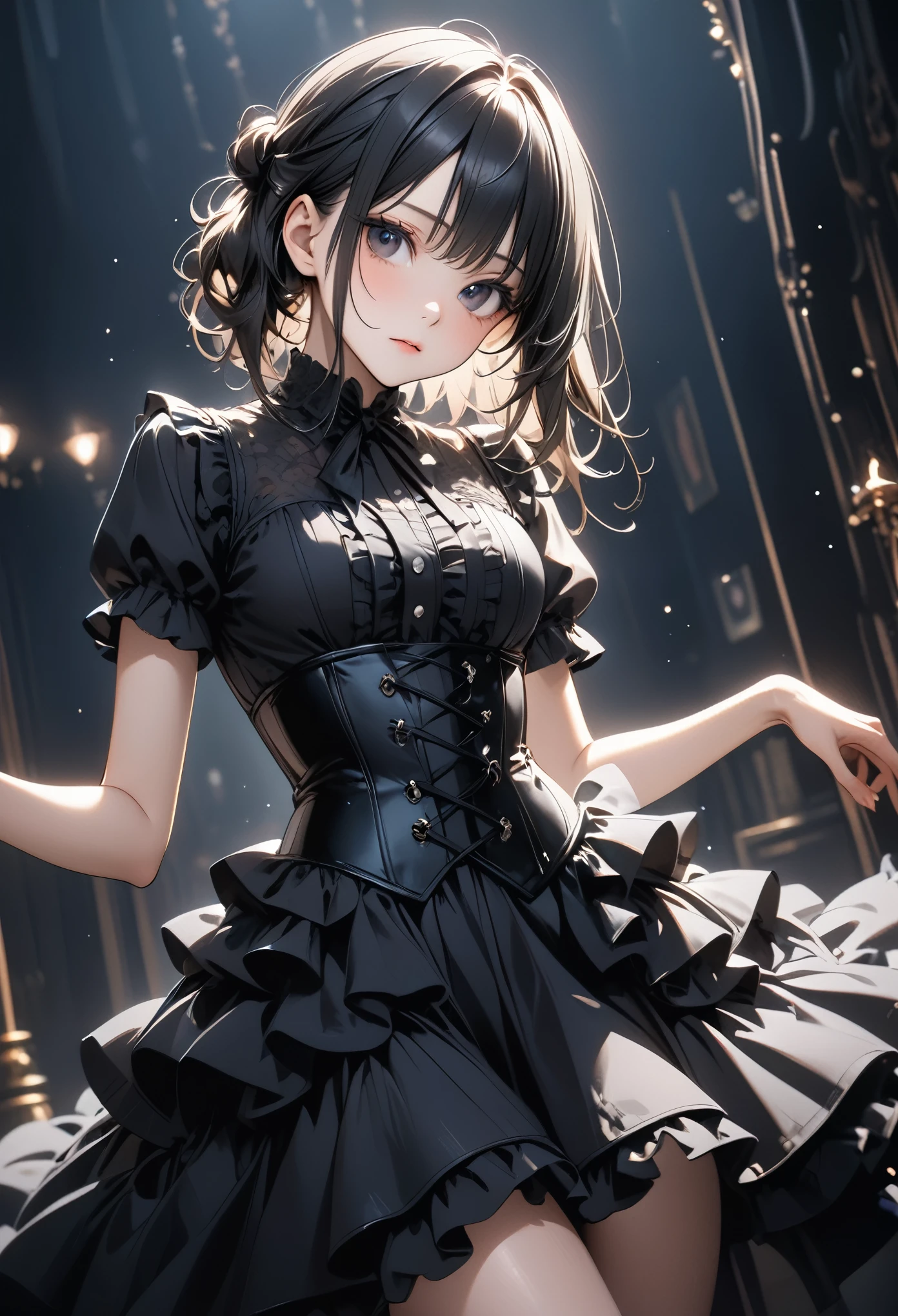 Highest quality, 32K, ai-generated, Incredibly absurd, Very detailed, Delicate texture, Beautiful woman, A cold, condescending gaze, (Wearing an elegant black gothic dress, Corset and long frilly skirt), Shiny Hair, Perfect body line, great proportion, Glowing black eyes, Beautiful posture, Background Gorgeous Room, Professional Lighting, ((dutch angle)), ((erotic pose)), Dynamic poses, (Close-up),
