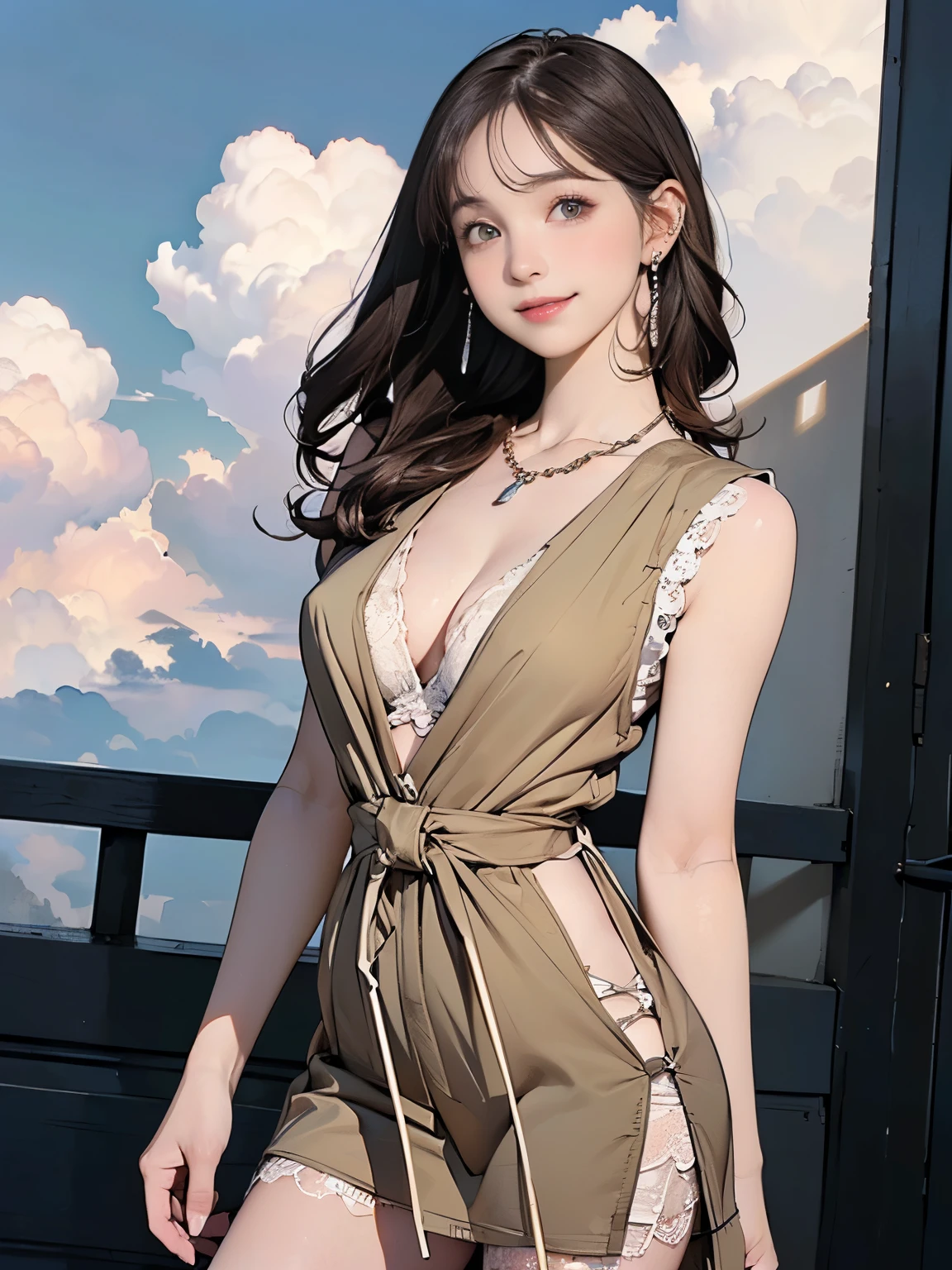 ((((Highest quality))))、(((Ultra-precision CG16K wallpaper)))、(((masterpiece)))、(((Super detailed)))、(((Extreme detail)))、((１Mature 29 year old woman:1.6))、((Very beautiful Japan face of a person))、((Urizane Face:1.8))、((Medium Straight Hair:1.6))、(Shiny Hair)、A delicately drawn beautiful face、(Dark Eyes、Shining Eyes)、double eyelid、High nose、Small nostrils、Small Mouth、Seductive lips、Beautiful breasts、((B cup size breasts))、Cleavage、Delicate nails、Beautiful feet、((Thin thighs))、eight-headed body、Perfect proportions、Perfect Anatomy、Perfect composition、Beautiful detailed shading、Beautiful, natural lighting、Beautiful detail glow、Depth of written boundary、(((High chroma)))、(((Real:1.9)))、((vivid:1.5))、((Beautiful Skin))、((Skin Texture))、((Realな皮膚感))、(((Cowboy Shot:1.6)))、(((front view、shoot from front、front low angle:1.6)))、(((smile:1.5)))、(((looking at camera:1.6)))、Bright daylight、Natural light、(((background_Park Square、Sky and Clouds:1.5)))、(Gravure idol pose:1.6)、(((Khaki sleeveless lace mini dress with drawstring waist:1.6)))、((necklace、Wearing earrings:1.5))、