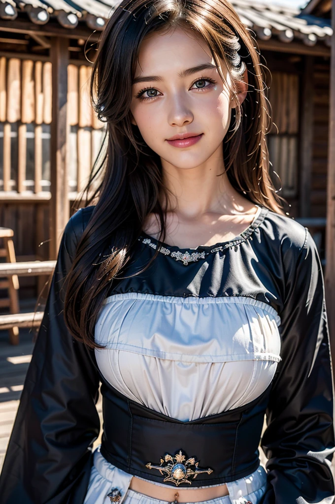 (realistic, photo-realistic:1.37), incredibly absurdres, (insanely detailed:1.3), 8k, (masterpiece), (best quality:1.4), (ultra high res:1.2), (RAW photo:1.2), ultra detailed background, (unity 8k wallpaper), 1 nogizaka girl, utterly cute, (((bishojo:1.35))), (((:1.2))), (chiemsee tracht), an exquisitely detailed and beautiful face and eyes and skin, detailed black shine hair, small-medium breasts, a chiemsee tracht with delicate and beautiful soft fabric, smile at the camera, cowboy shot, the grindelwald landscape of swiss, professional lighting