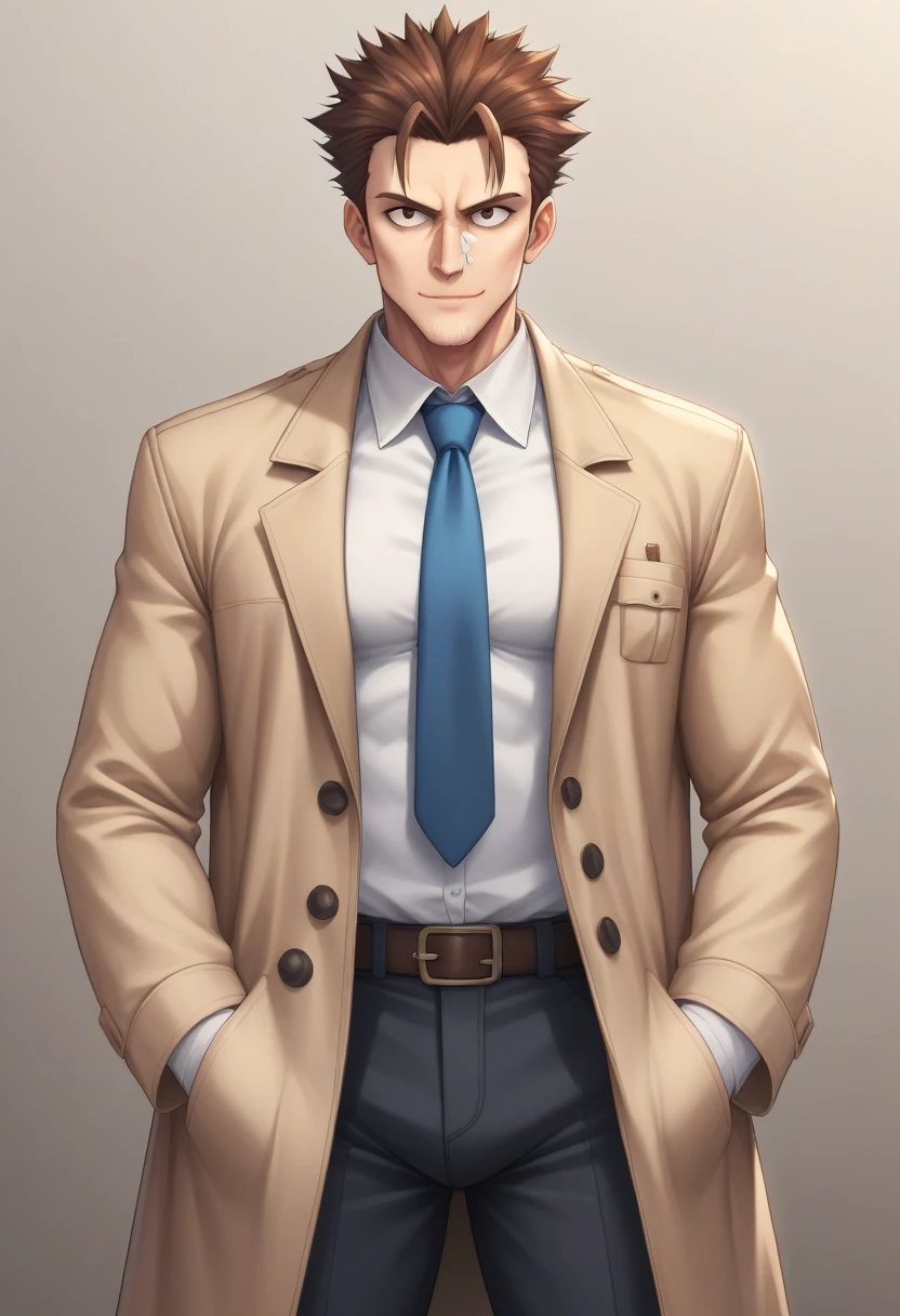 score_9, score_8_up, score_7_up, source_anime, score_6_up, score_5_up, score_4_up, BREAK 1man, veteran mature detective, muscular, boned nose, wavy slicked back spiked hair, yellow_brown hair, BREAK shihaku, brown eyes, dandy, virile, stubble, square shaped, large eyes, ugly, rough skin, ideal ratio body proportions, BREAK solo, upperlegs, white collared_shirt, blue necktie, trench_coat, dark worn-out suit, cute smile, standing, BREAK in eroge style, visual novel, 2000s, extreme all detailed, masterpiece, best quality