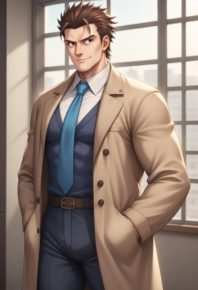 score_9, score_8_up, score_7_up, source_anime, score_6_up, score_5_up, score_4_up, BREAK 1man, veteran mature detective, muscular, boned nose, wavy slicked back spiked hair, yellow_brown hair, BREAK shihaku, brown eyes, dandy, virile, stubble, square shaped, large eyes, ugly, rough skin, ideal ratio body proportions, BREAK solo, upperlegs, white collared_shirt, blue necktie, trench_coat, dark worn-out suit, cute smile, standing, BREAK in eroge style, visual novel, 2000s, extreme all detailed, masterpiece, best quality
