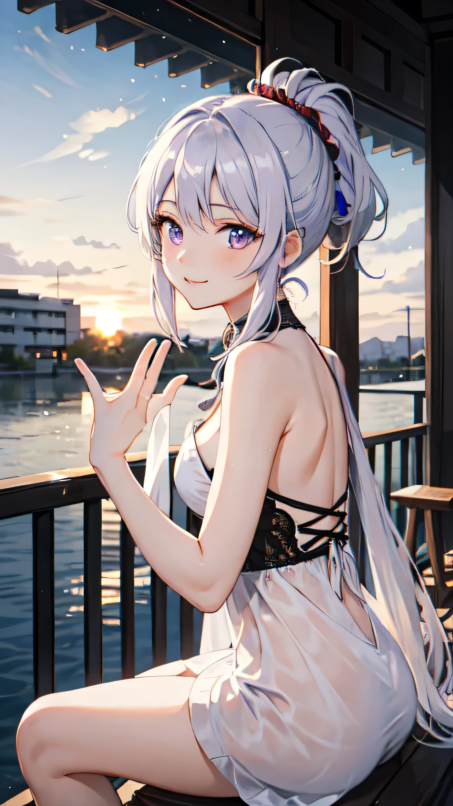 ((Highest quality)), ((masterpiece)), (detailed), evening、A beautiful girl with purple eyes and white hair tied in a ponytail、Having a pleasant conversation with friends。The soft light of the setting sun shines in all around.、A heartwarming scene filled with smiles。