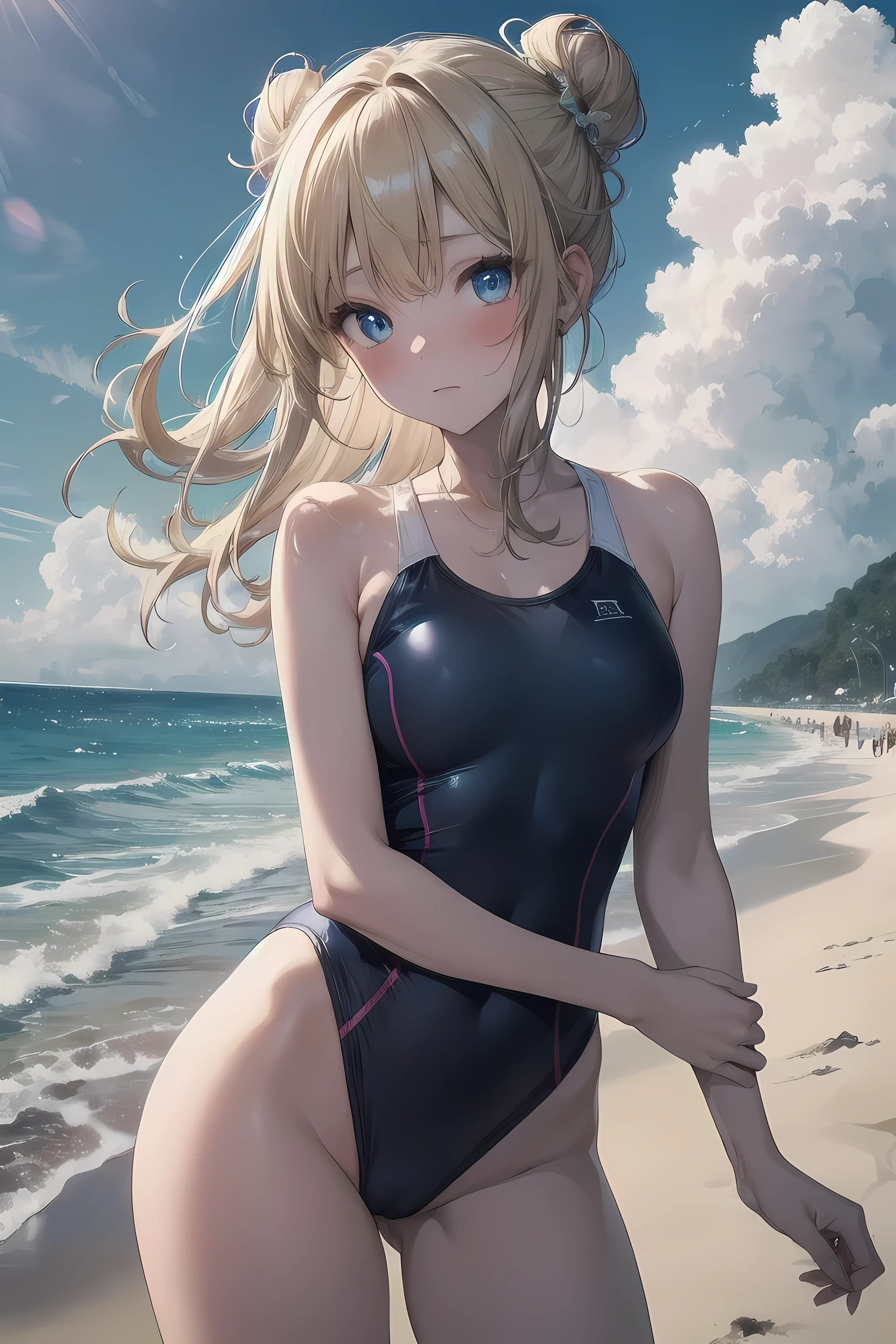 (NSFW:1.1), masterpiece, Highest quality, Ultra-high resolution, Highest Resolution, Very detailed, cowboy shot, very cute, Complete limbs, Shining Eyes, Full Finger, Slender beauty, Blonde Bun Hair, Embarrassed look, Writhing expression, White school swimsuit, Glowing Skin, sexy pose, beach, Bubble, (Wind:1.2)
