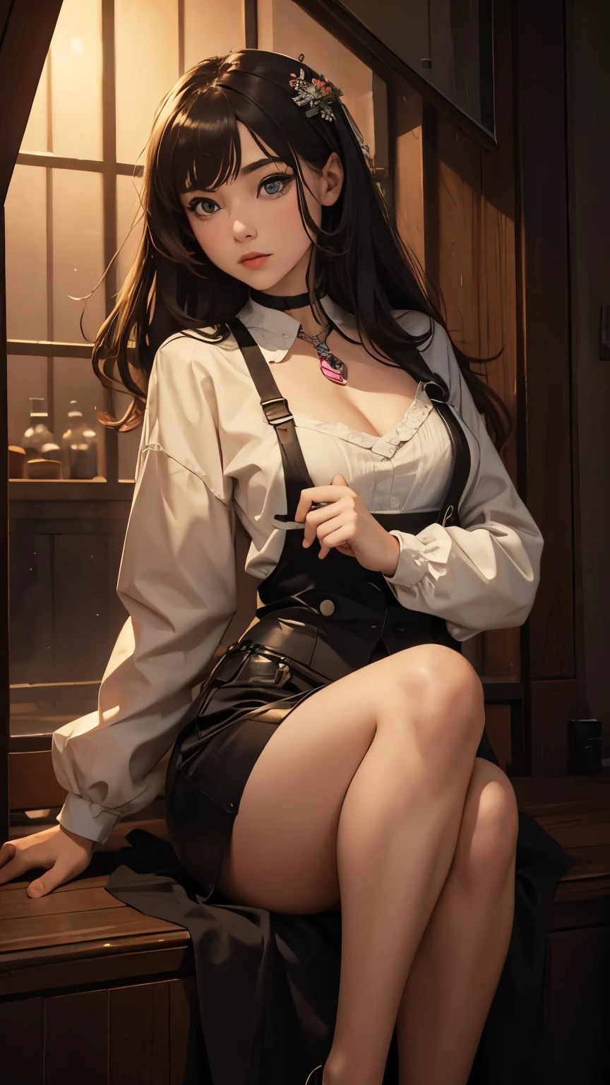 ((masterpiece, best quality)), (1 girl), (alone), (Women&#39;s Focus), (Ahog, Very long hair), Golden Eyes, open mouth, ((White lingerie), (Button-down shirts), (gap button)), Permanent, White background, Dynamic angle, sideboob:1.6, lingeries, crossed leg