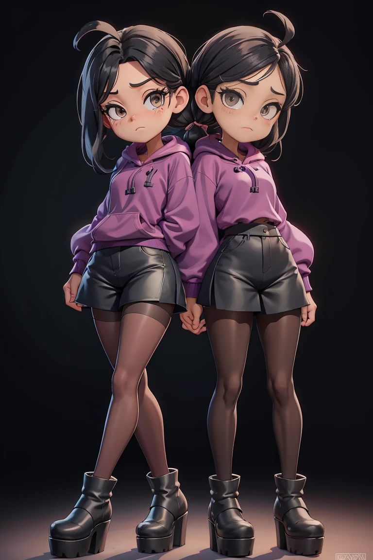 conjoined, 2heads, girl with two heads instead of one, 2head, cuerpo curvilineo, brazos curvilineos, shorts, ropa abrigada, piernas curvilineas, anime cartoon, using a purple hoodie, each head has a ponytail, anatomia proporcionada, torso ancho, pechos medianos, full body, perspectiva en picada, platform boots, black boots, black skirt, pantyhose, black high heels Bored, big shorts, 