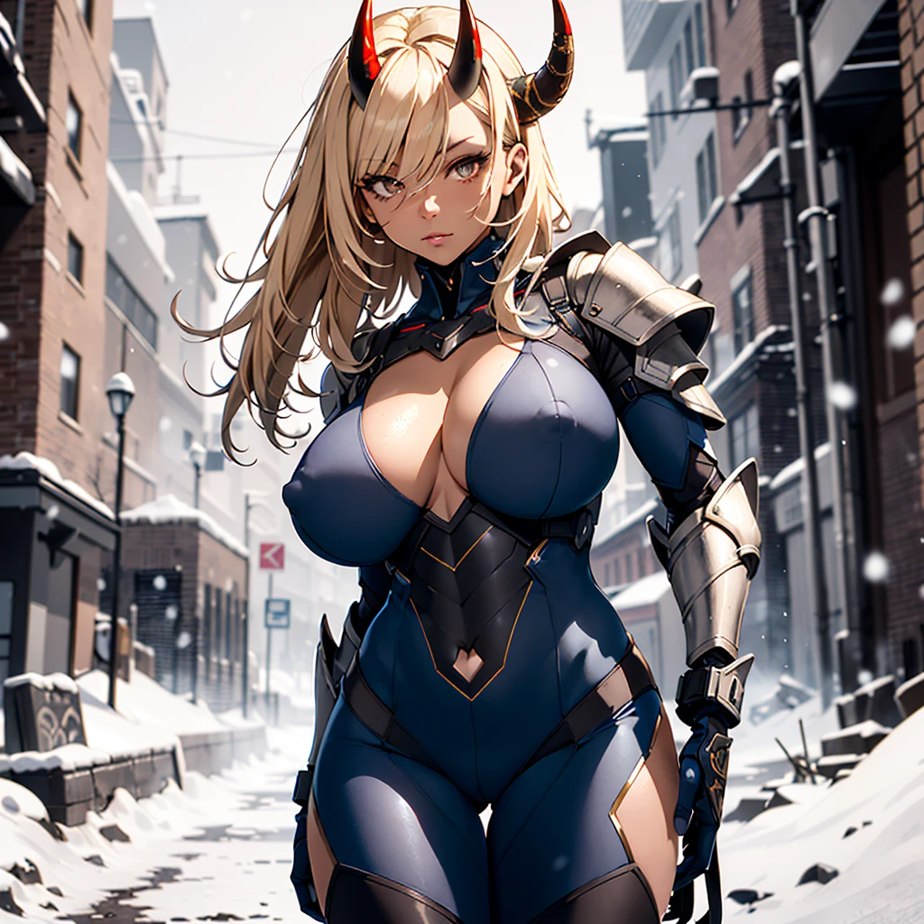 ((best quality)), ((masterpiece)), (detailed), 1girl, 8k_wallpaper, extremely detailed eyes, (large masterpiece digital art), (intricate details:1.3 ), (ultra-detailed:1.3), (sharp focus:1.3), (natural lighting:1.05), (vivid colors:1.3), (best quality:1.4), high quality, expressive eyes, full body, detailed face, beautiful face, perfect face, ((blonde hair)), (gold eyes), ((large blue horns)), {{dark skin}}, ({dark skinned female}), , , outlines of  under clothing, powerful strong and prominent muscles of the abdomen and legs, powerful arm muscles, dressed in heavy combat steel cyber close armor of a dark red steel color, a military radio hanging on her belt, she is dressed in heavy steel closed-type cyber armor, a heavy armored cyber exoskeleton, powerful armor covers her entire body, she stands on a winter evening in the middle of the ruins of the old city next to a fantastic cyber military against the backdrop of high snowy mountains, it is snowing,