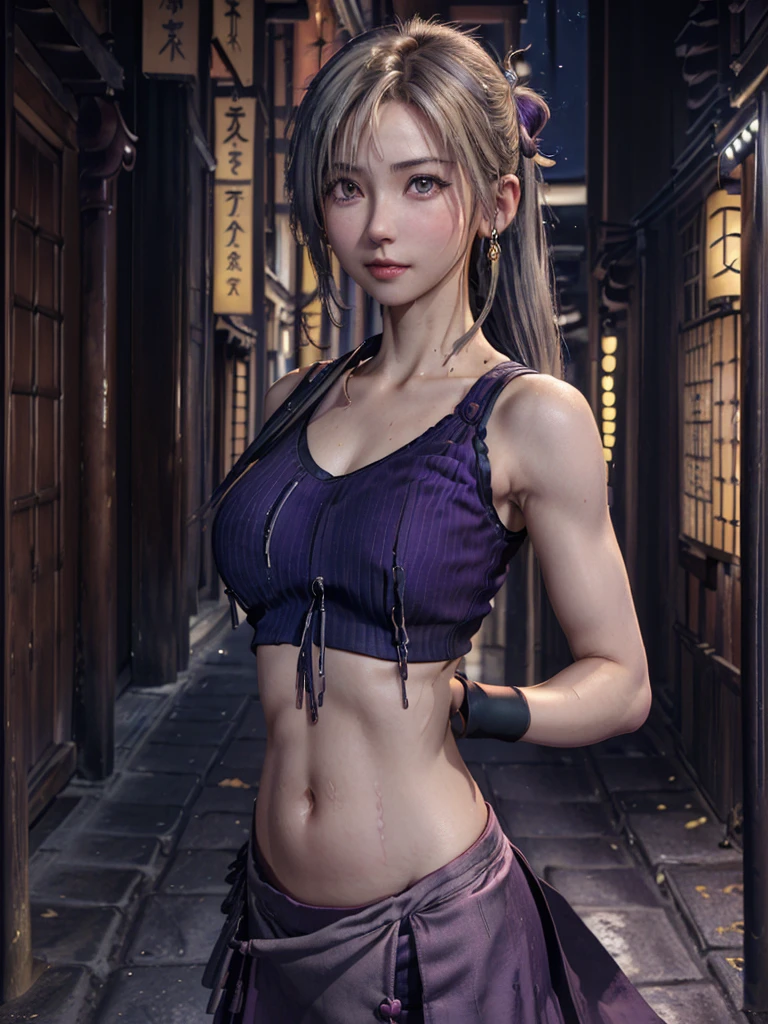 ((((InoYamanaka)))) ((purple shirt, collared, sleeveless, bare shoulder, navel, midriff, skirt, ponytail, blonde, hair over one eye, lips, gray eyes, medium breasts)), (((background narrow alley, edo architecture, outdoor, night))), (((cum navel, cum drip))).