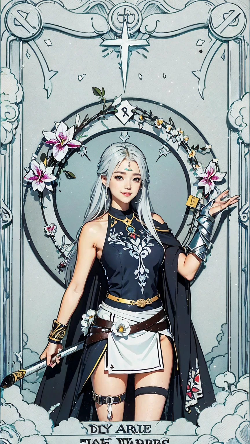 (Tarot card style:1.3), (Anime Style:1.3), masterpiece, Highest quality, Highest Resolution, Anatomically correct, Accurate Anatomy, (Floral blank background:1.3), (1girl:1.3), 20-year-old, Height: 165cm, Shot from thigh up, (Thick thighs:1.2), (Long Hair, Straight Hair, Silver Hair:1.3), (Squint your eyes, Sharp Eyes, (Iris:1.2)), (Hidden eyelid wrinkles:1.2), Thin eyebrows, Draw eyelashes carefully, Natural Makeup, Chin up, Grin, Slightly to the side, (Barbarian warriors in a fantasy world:1.3), (Pose a random model:1.2)
