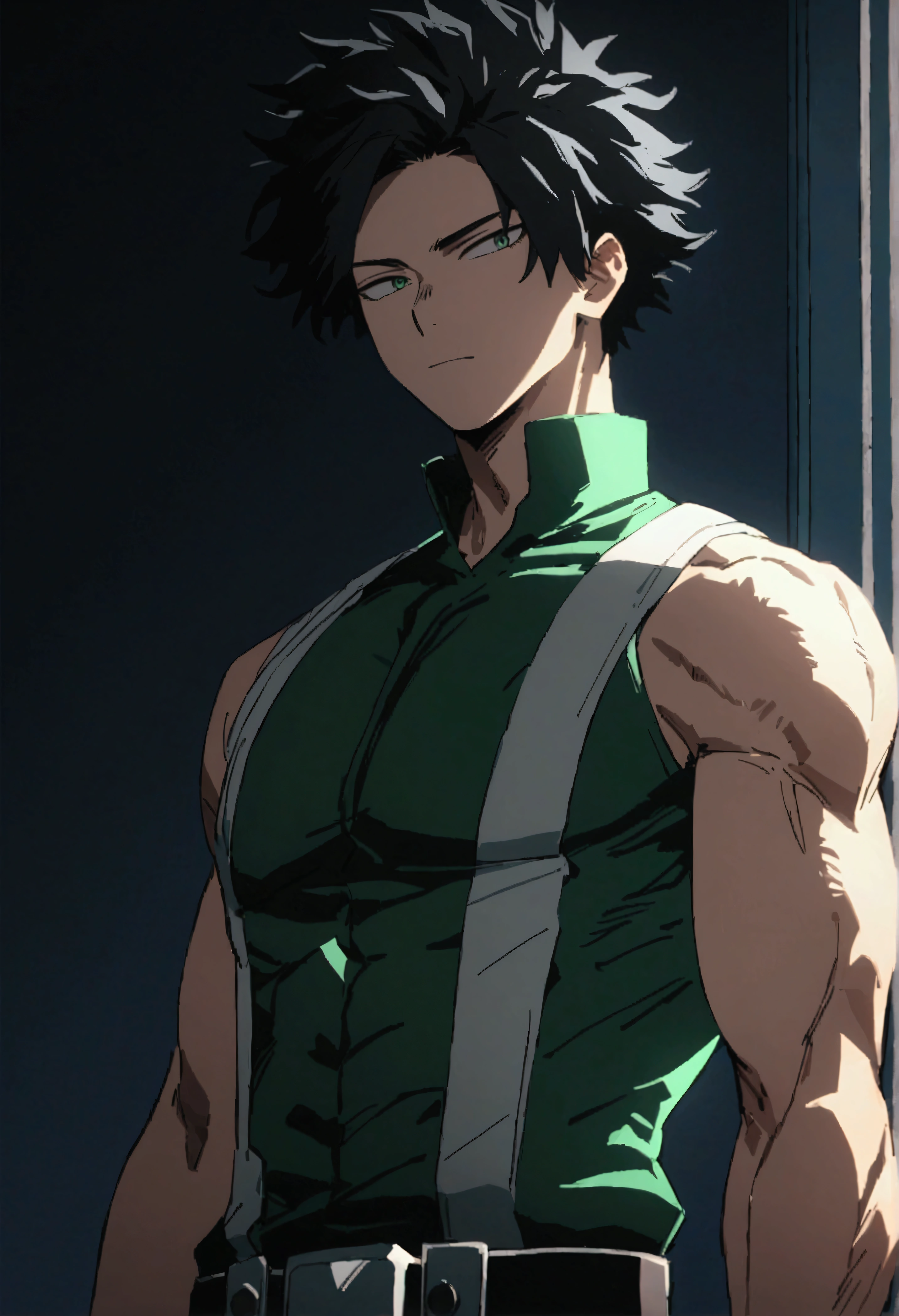  He is a 17 year old teenager, He has slightly disheveled very black hair..., somewhat light green eyes, , muscular body , sexy face, He is dressed in the anime male uniform "my hero academia", , 8k, high quality, masterpiece, lighting, cinematic, vivid colors, shining green eyes 