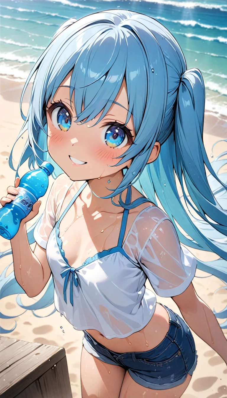 masterpiece, best quality, extremely detailed, (illustration, official art:1.1), 1 girl ,(((( light blue long hair)))), ,(((( light blue long hair)))),light blue hair, ,,, long hair ((blush)) , cute face, big eyes, masterpiece, best quality,(((((a very delicate and beautiful girl))))),Amazing,beautiful detailed eyes,blunt bangs((((little delicate girl)))),tareme(true beautiful:1.2), sense of depth,dynamic angle,,,, affectionate smile, (true beautiful:1.2),,(tiny 1girl model:1.2),)(flat chest),absurdres, absolutely resolution, incredibly absurdres, highres, ultra detailed, official art, unity 8k wallpaper, Kinetic Typography BREAK (1girl, solo:1.4), beautiful and shiny skin, coquettish skin, dynamic poses, dynamic angle, close-up, cowboy shot, smile, blush BREAK hand up, looking at viewer BREAK (ramune:1.4), object to cheek, holding, holding bottle, bottle BREAK twintails, hair between eyes, sidelocks,aqua eyes, breasts, small breasts, cleavage, collarbone, linea alba, midriff, navel BREAK (shirt, white shirt :1.2), bikini, denim shorts, shot shors, micro shorts BREAK beach, sea, light particles, water drop, wet BREAK nice hands, perfect hands,