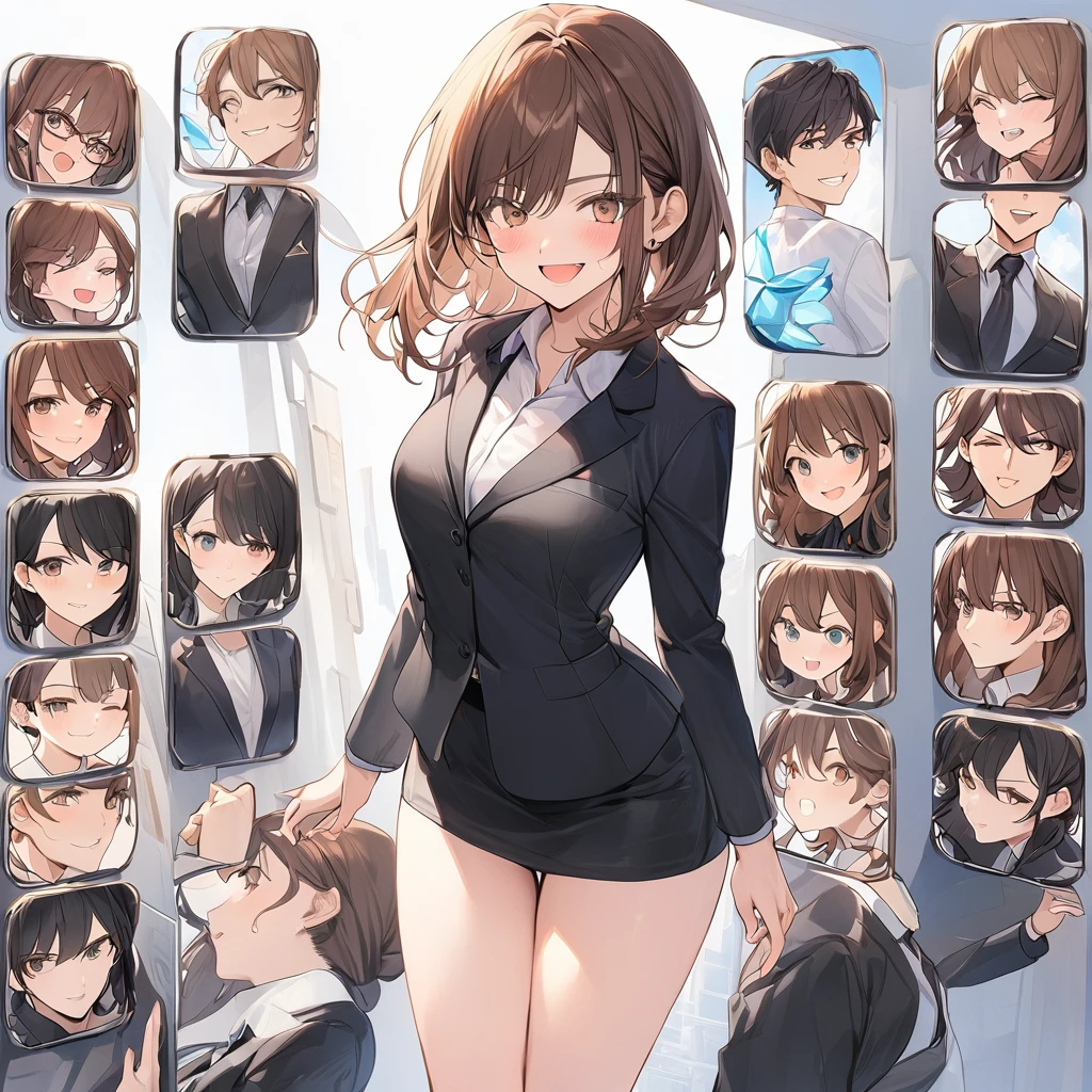 masterpiece: 1.6, Highest quality: 1.4, Live: 1.2, Intricate details: 1.2, 1 mature woman,28 years old,office lady,attractive office lady, alone, (Brown Hair), Medium Hair, single ~ ~ sidelock, amount: 1.5, Slender figure,Small breasts,(Exposed thighs:1.3),office casual style, (Black recruitment suit:1.5),White shirt,(Black tight skirt:1.2), Full Body Shot, Multiple Views, front, return, ~ ~ side, performance, ((Character setting material collection, Different poses of the same character, Character Reversal: 1.5, Multiple Views)), arms behind return, Portraiture, Happy, Are crying, Get angry, smile