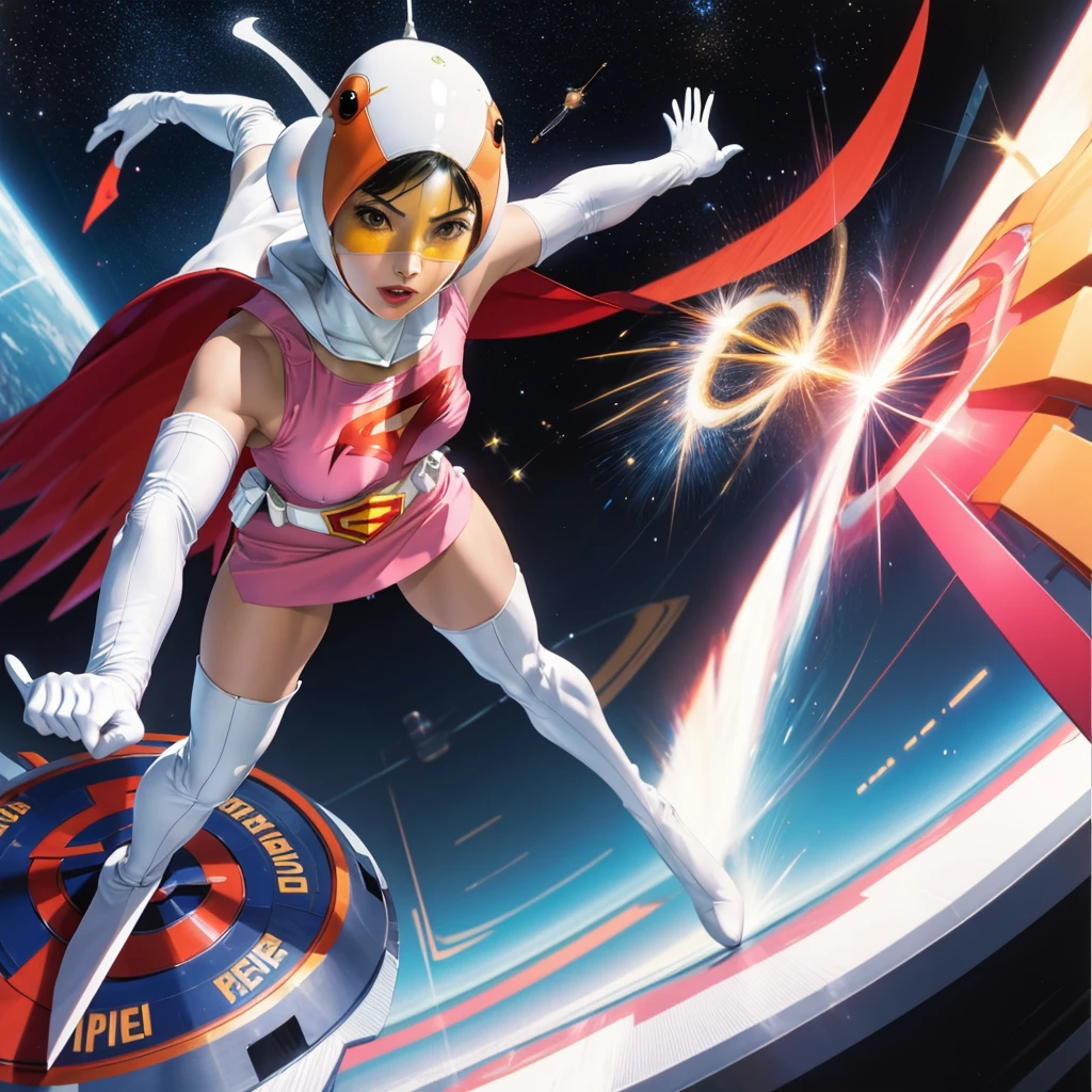ANI_CLASSIC_jun_gatchaman_ownwaifu,1girl, 15yo,good anatomy, masterpiece, best quality,realistic, hyper realistic, 16k hdr, long hair,breasts,lips,large breasts,lipstick,makeup,gloves,cape,helmet,belt,elbow gloves,white gloves,mask,ultra miniskirt,leotard,spacesuit,white tight overknee highheels boots,pink dress,superhero,bodysuit,cleavage,erected nipples,(kick ass poses),cameltoe