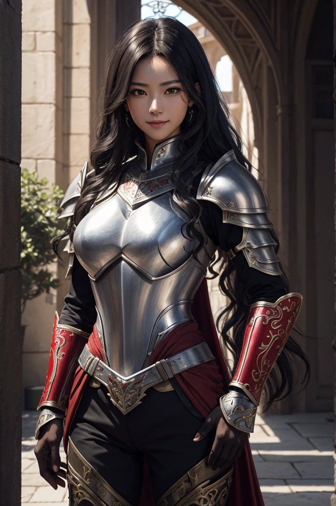 8k,Tall female court holy knight,Super beautiful(like the real thing),Black curly hair,smile,brown eyes,豪華な赤と白のsexlyな胸鎧,luxury gray camouflage combat pants,muscular slim body,ripped abs,sexly,masterpiece,Photorealistic RAW photos of the highest quality。bright colors,rich colors, Backlight, cinematic lighting, film grain, to be born, 50mm lens, Nikon D850,realistic skin,fantasy art,character art,ultra high resolution,realistic scale skin,Perfect hand shape,view audience,royal palace courtyard,Equipped with a long, silver holy sword on his waist.,luxurious red shoulder armor,luxury red gauntlet,luxurious black waist armor,luxury red leg armor,