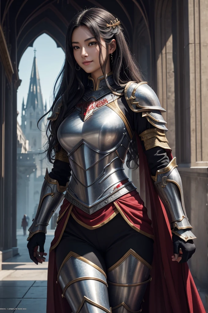 8k,Tall female court holy knight,Super beautiful(like the real thing),Black curly hair,smile,brown eyes,豪華な赤と白のsexlyな胸鎧,luxury gray camouflage combat pants,muscular slim body,ripped abs,sexly,masterpiece,Photorealistic RAW photos of the highest quality。bright colors,rich colors, Backlight, cinematic lighting, film grain, to be born, 50mm lens, Nikon D850,realistic skin,fantasy art,character art,ultra high resolution,realistic scale skin,Perfect hand shape,view audience,royal palace courtyard,Equipped with a long, silver holy sword on his waist.,luxurious red shoulder armor,luxury red gauntlet,luxurious black waist armor,luxury red leg armor,