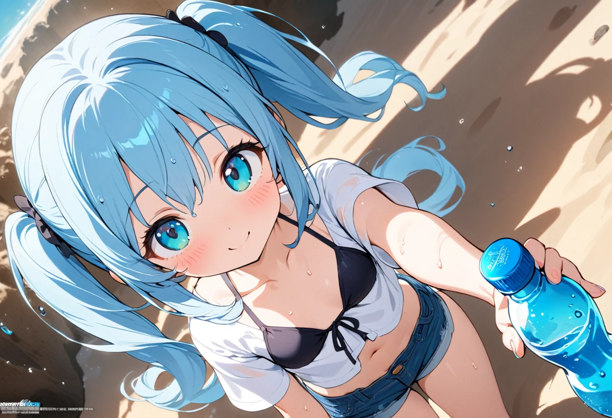  masterpiece, best quality, extremely detailed, (illustration, official art:1.1), 1 girl ,(((( light blue long hair)))), ,(((( light blue long hair)))),light blue hair, ,10 years old,, long hair ((blush)) , cute face, big eyes, masterpiece, best quality,(((((a very delicate and beautiful girl))))),Amazing,beautiful detailed eyes,blunt bangs((((little delicate girl)))),tareme(true beautiful:1.2), sense of depth,dynamic angle,,,, affectionate smile, (true beautiful:1.2),,(tiny 1girl model:1.2),)(flat chest),absurdres, absolutely resolution, incredibly absurdres, highres, ultra detailed, official art, unity 8k wallpaper, Kinetic Typography BREAK (1girl, solo:1.4), beautiful and shiny skin, coquettish skin, dynamic poses, dynamic angle, close-up, cowboy shot, smile, blush BREAK hand up, looking at viewer BREAK (ramune:1.4), object to cheek, holding, holding bottle, bottle BREAK twintails, hair between eyes, sidelocks,aqua eyes, breasts, small breasts, cleavage, collarbone, linea alba, midriff, navel BREAK (shirt, white shirt :1.2), bikini, denim shorts, shot shors, micro shorts BREAK beach, sea, light particles, water drop, wet BREAK nice hands, perfect hands,