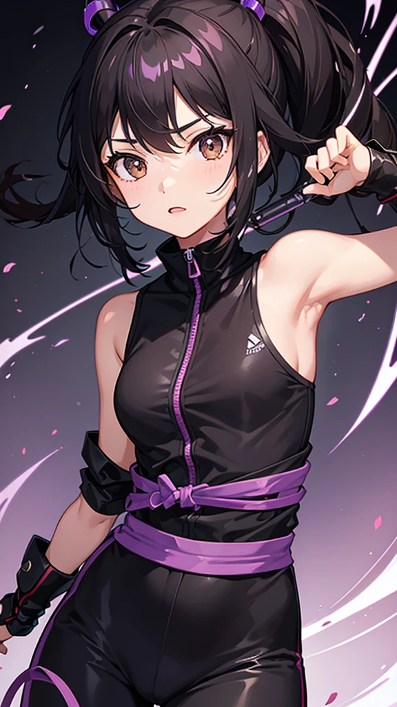 Girl, , Black hair, light brown eyes, ninja belt, ninja outfit , black and lilac