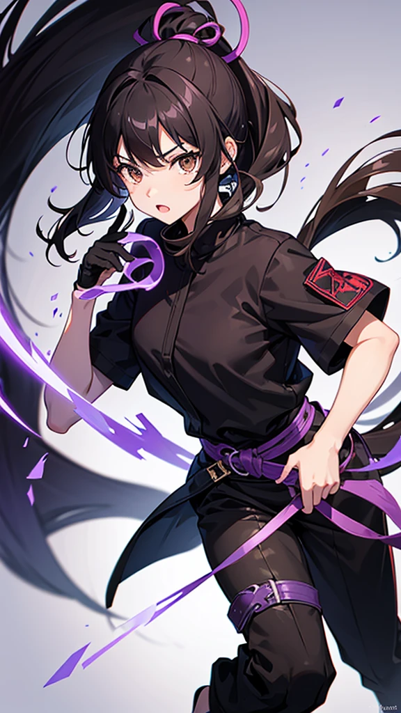 Girl, 16 years old, Black hair, light brown eyes, ninja belt, ninja outfit , black and lilac