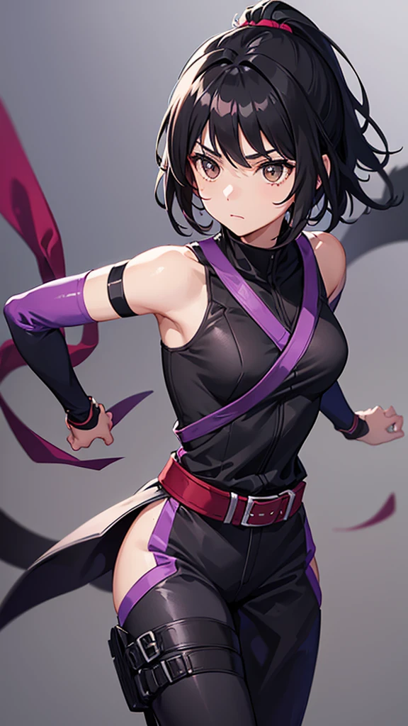 Girl, , Black hair, light brown eyes, ninja belt, ninja outfit , black and lilac