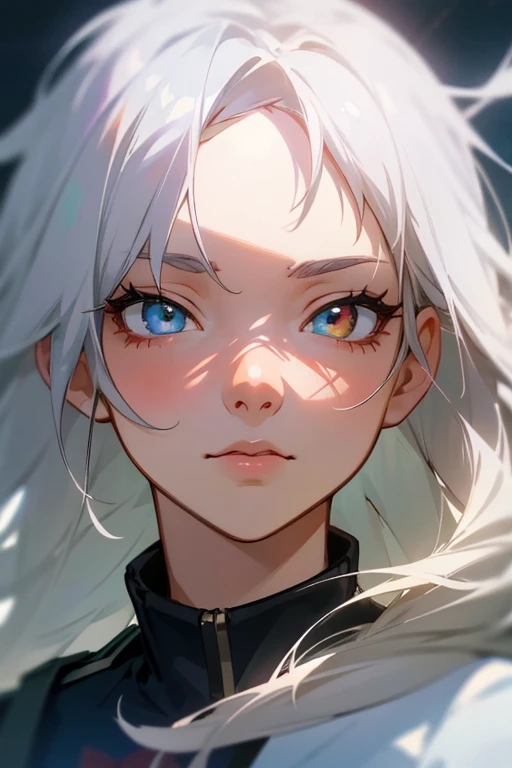 a beautiful white-haired anime girl from My Hero Academia, UA , long white hair, heterochromia - right eye blue, left eye brown, scar under right eye, detailed face, beautiful detailed eyes, beautiful detailed lips, extremely detailed eyes and face, long eyelashes, photorealistic, 8k, highly detailed, cinematic lighting, dramatic colors, atmospheric, Makoto Shinkai art style