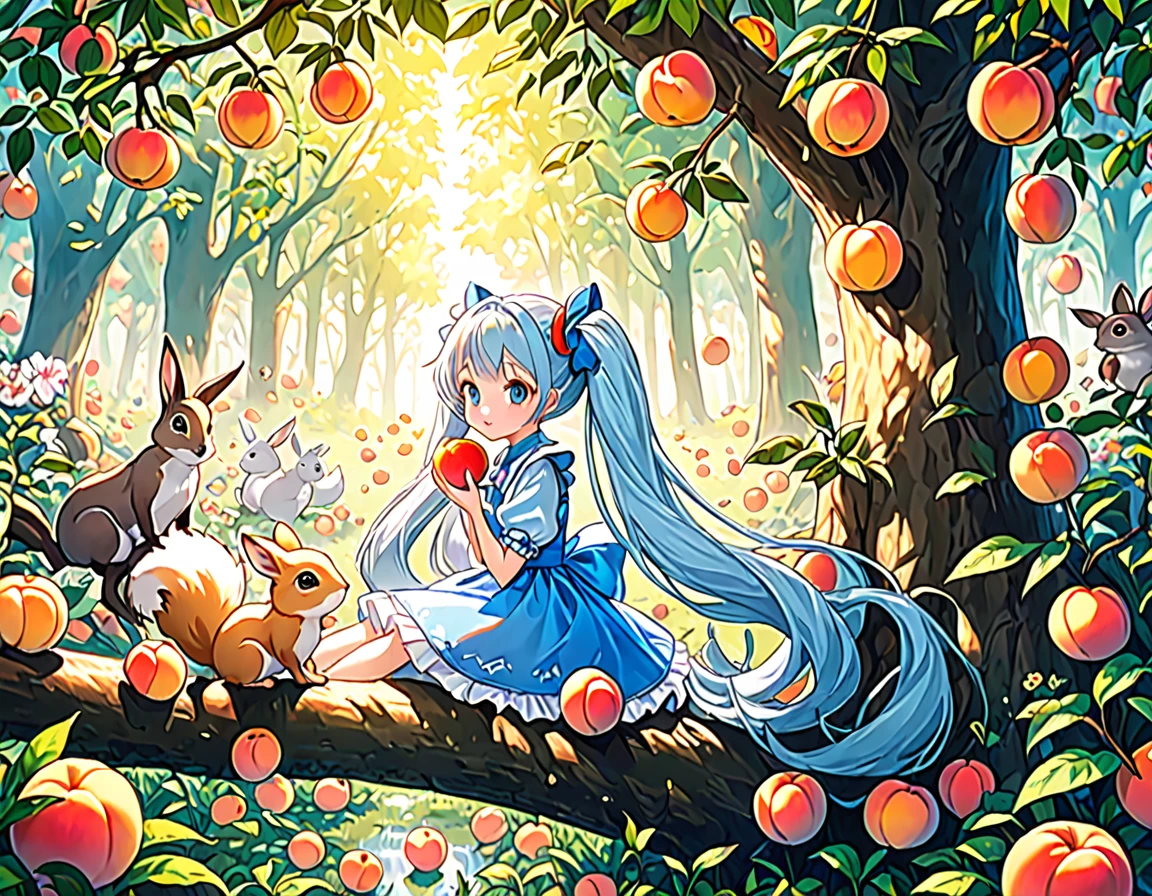 ((Highest quality)), ((masterpiece)), ((Ultra-detailed)), (Very delicate and beautiful), Light blue long hair、Beautiful girl with twin tails、Alice in Wonderland、Bright Forest、Sunlight filtering through the trees、A lot of peaches on a peach tree、Flowers at your feet々are blooming in abundance、The forest friends are watching the girl、Cute squirrels and rabbits also appear、Eating peaches with my forest friends