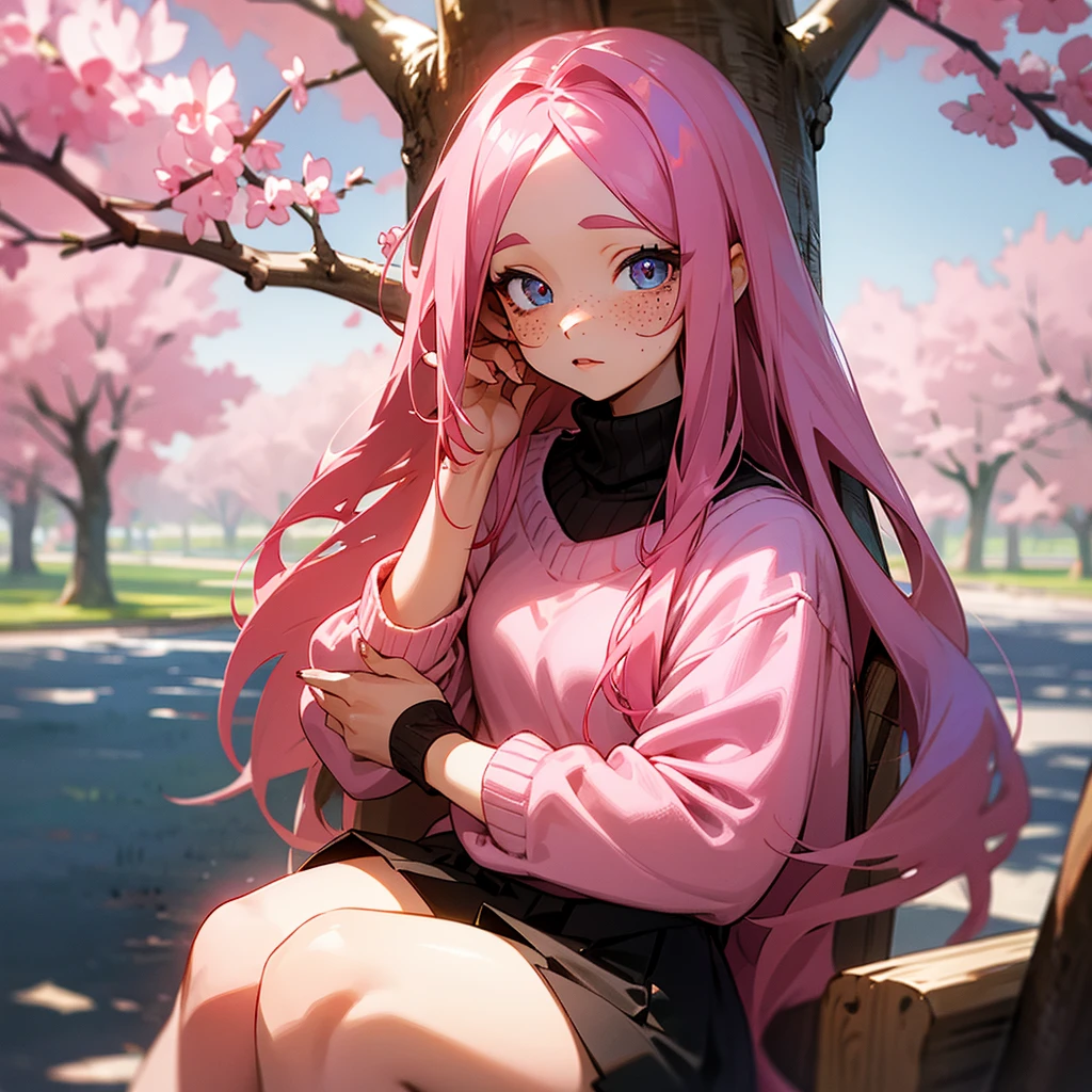 The girl has long pink hair. Your eyes are brown. Your face has freckles. She wears a sweater and a fitted skirt. Your nails are colorful. She is sitting under a cherry tree.