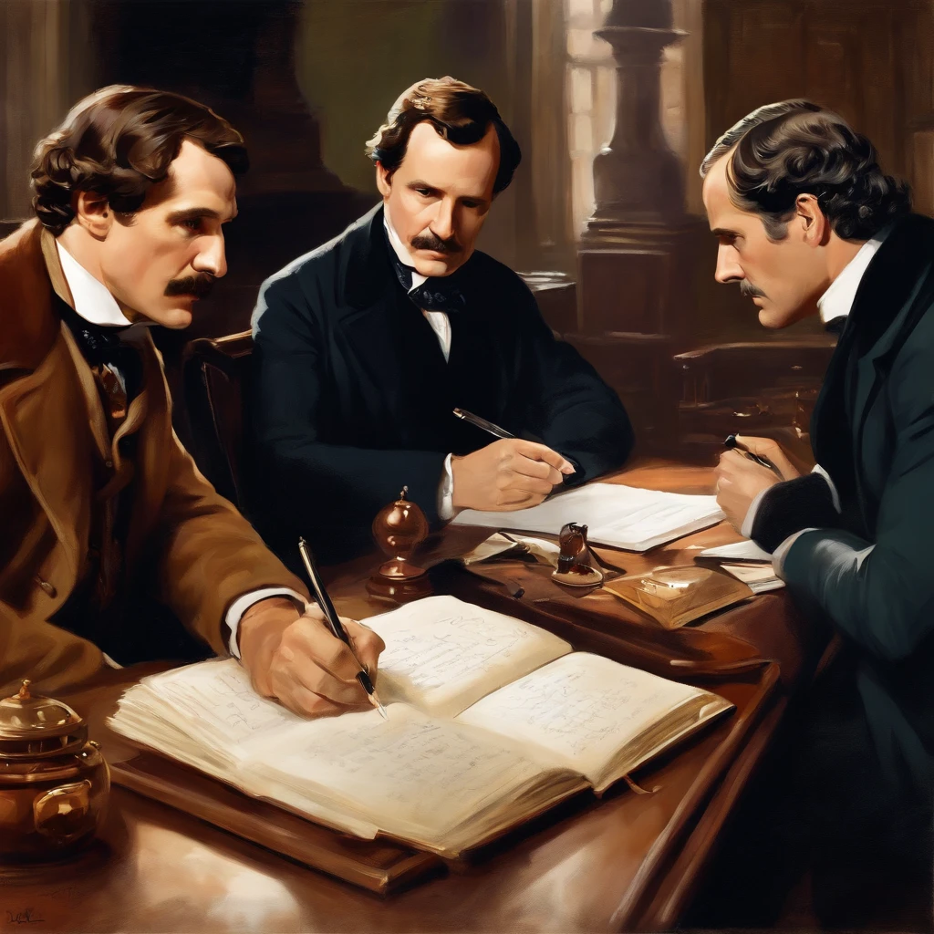 Image of Watson writing in a notebook while Sherlock Holmes interrogates a suspect