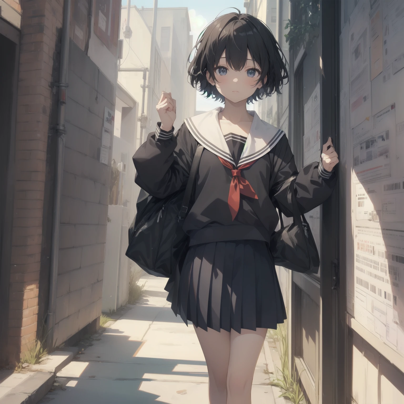ultra-absurdres-Top quality by artist God, ultra-detailed, high resolution, anime moe artstyle, best anime 8k konachan wallpaper, pixiv contest winner, pool:2810, perfect anatomy,break, 1girl, (Please draw a girl walking sleepily to school alone. )break,(Solo,little female, 13-year-old:1.3),Full limbs, complete fingers,a junior high school student, (very short hair), short cut, flat chest, , small butt, small black eyes, beautiful detailed eyes, well-proportioned iris and pupils, expressive eyes, highres detailed hair, soft expression, salor school_uniform, sailor collar, serahuku, bow, pleated skirt,(Detailed Lighting), (Detailed background), in the School commute route. break,super detailed skin, Best cinematic lighting powered by famous artist, 8k,beauty illustration,photoshop_(medium),very aesthetic,break,((artist:minami_(colorful_palette) )), artist:clamp ,artist:carnelian ,artist:kantoku ,