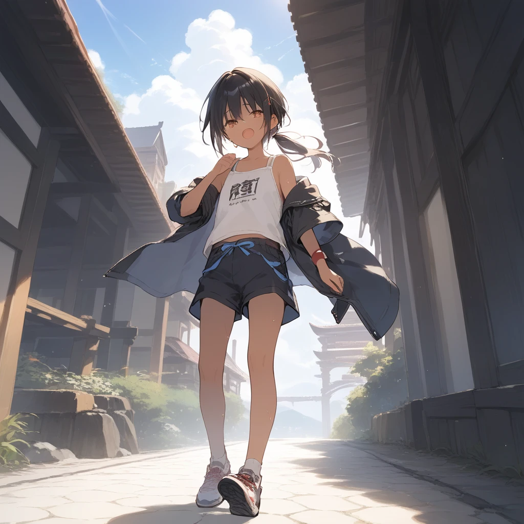 score_9, score_8_up, score_7_up, source_anime, best quality, masterpiece, official art, absurdres, highres, ultra-detailed,waifu2x,Collection: Slice of Life,break,1girl, tomboy, dark-skinned female, short hair, low ponytail, flat chest, beautiful detailed eyes, ninja, shorts, sweat, open mouth, (yawn:0.3), sleepily, outdoors, japanese castle, wind,break,(clear line illustration:1.2), super detailed skin,very high resolution, very aesthetic, Best sexual lighting powered by famous artist, 8k,cute picture,beauty illustration,photoshop_(medium),,(Detailed Lighting),best anime 8k konachan wallpaper, pixiv contest winner,