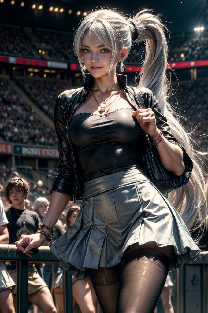 (masterpiece, best quality:1.2), cowboy shot, weissvale, smile, closed mouth, looking at viewer, long white hair, side ponytail, scar above eye, scar below eye, t-shirt, skirt, pantyhose, jewelry, necklace, earrings, standing in stadium, crowd