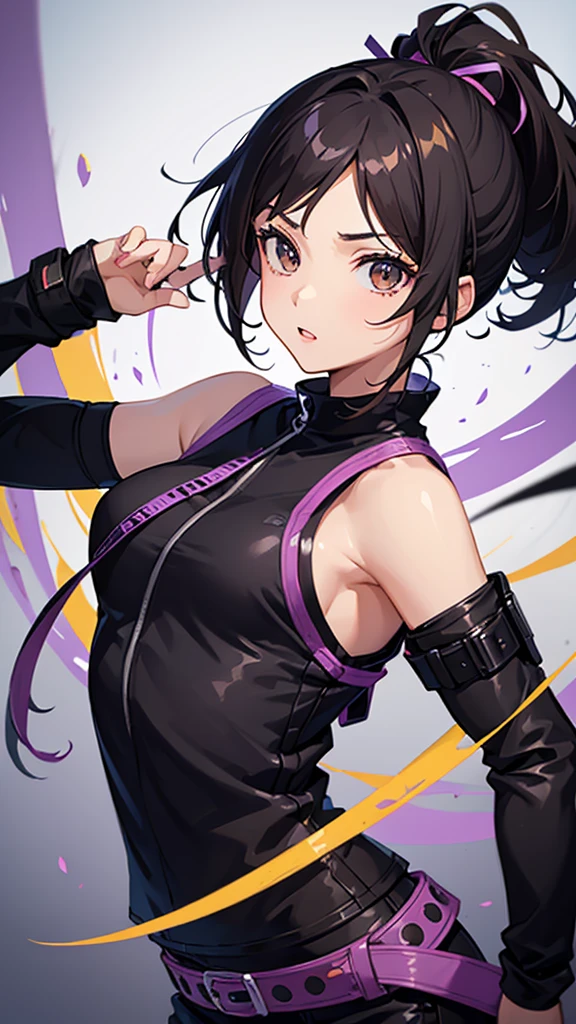Girl, , Black hair, light brown eyes, ninja belt, ninja outfit , black and lilac