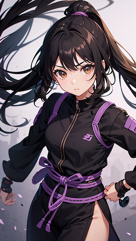 Girl, 16 years old, Black hair, light brown eyes, ninja belt, ninja outfit , black and lilac