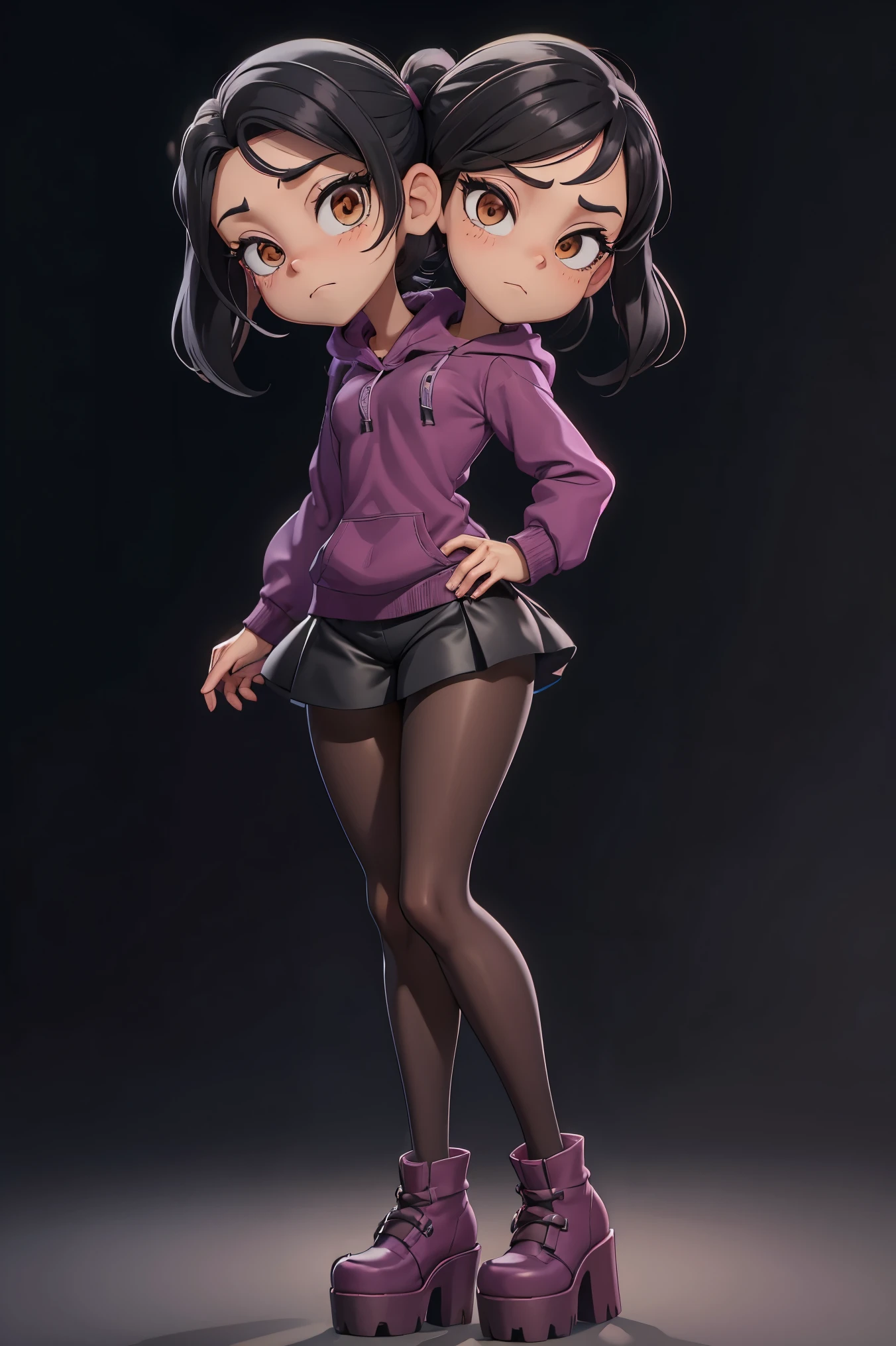 conjoined, 2heads, girl with two heads instead of one, 2head, cuerpo curvilineo, brazos curvilineos, shorts, ropa abrigada, piernas curvilineas, anime cartoon, using a purple hoodie, each head has a ponytail, anatomia proporcionada, torso ancho, pechos medianos, full body, perspectiva en picada, platform boots, black boots, black skirt, pantyhose, black high heels Bored, big shorts,