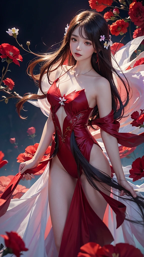 1girl, long hair, flower, Lisianthus, in the style of red and light azure, dreamy and romantic compositions, red, ethereal foliage, playful arrangements, fantasy, high contrast, ink strokes, explosions, over exposure, purple and red tone impression, abstract, whole body capture,